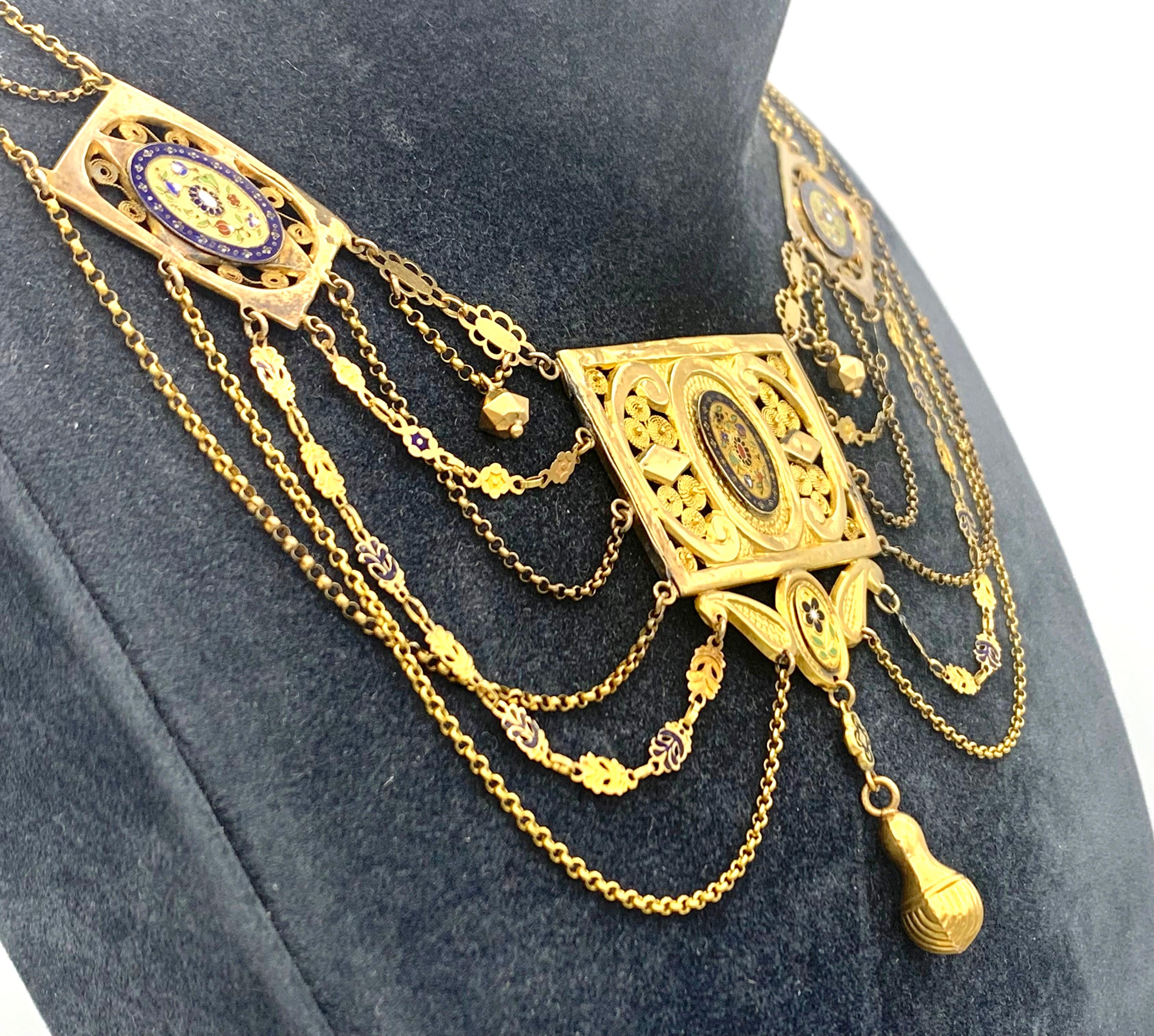 Women's Antique Empire Wedding Necklace 18 K Yellow and Rose Gold Enamel Pensez a Moi  For Sale