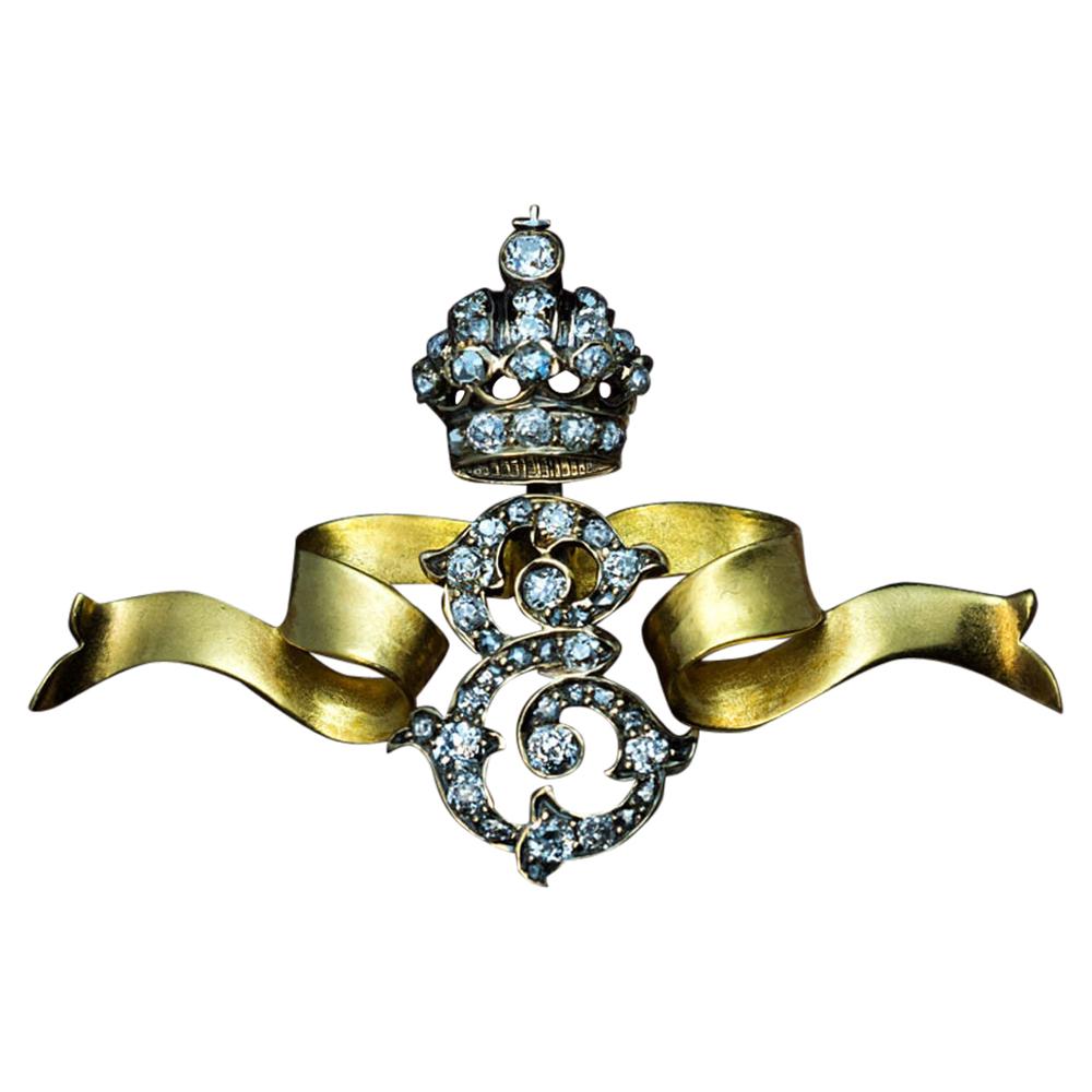 Antique Empress Elisabeth Diamond Cipher Gold Brooch For Sale