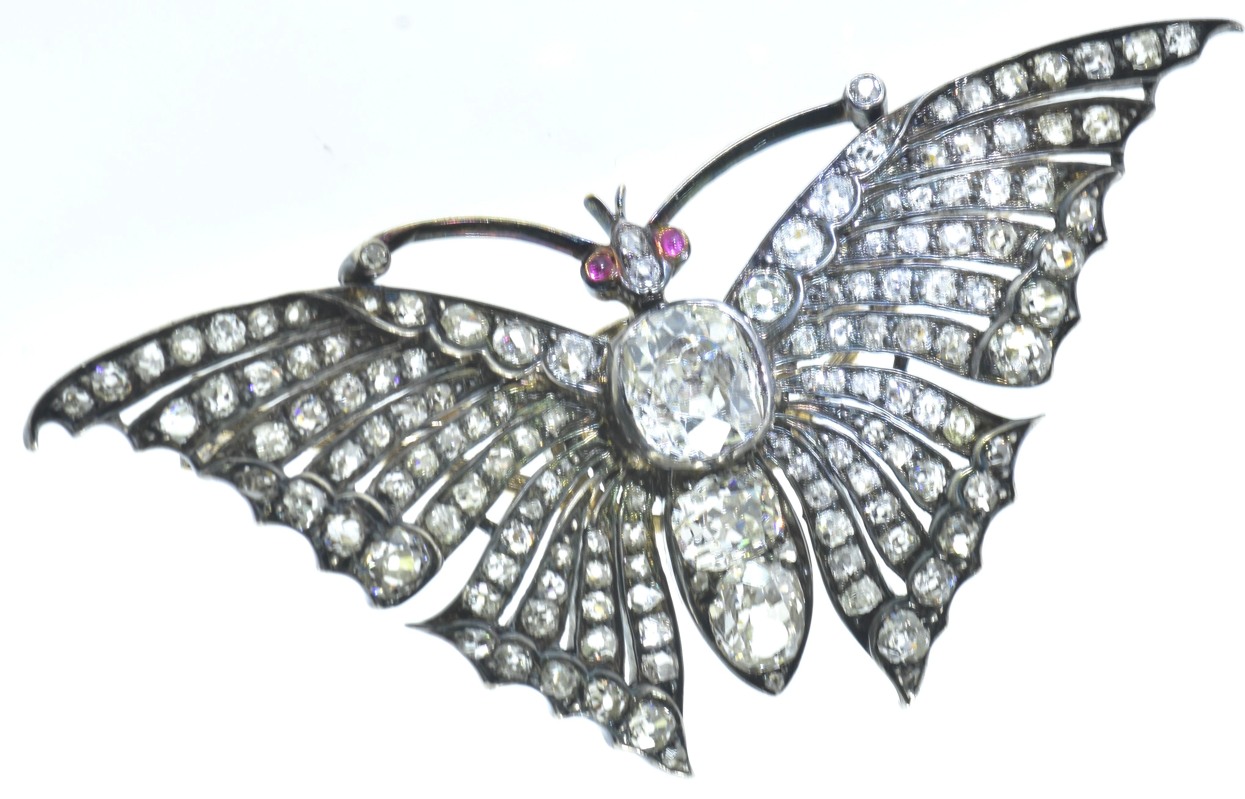 'En Tremblant' Diamond Butterfly Brooch, circa 1850.  18K yellow gold and topped with silver, which was the custom of the time period, this large brooch is impressive and one of the nicest we have seen of this genre.  2.5 inches wide and 1-1/8th