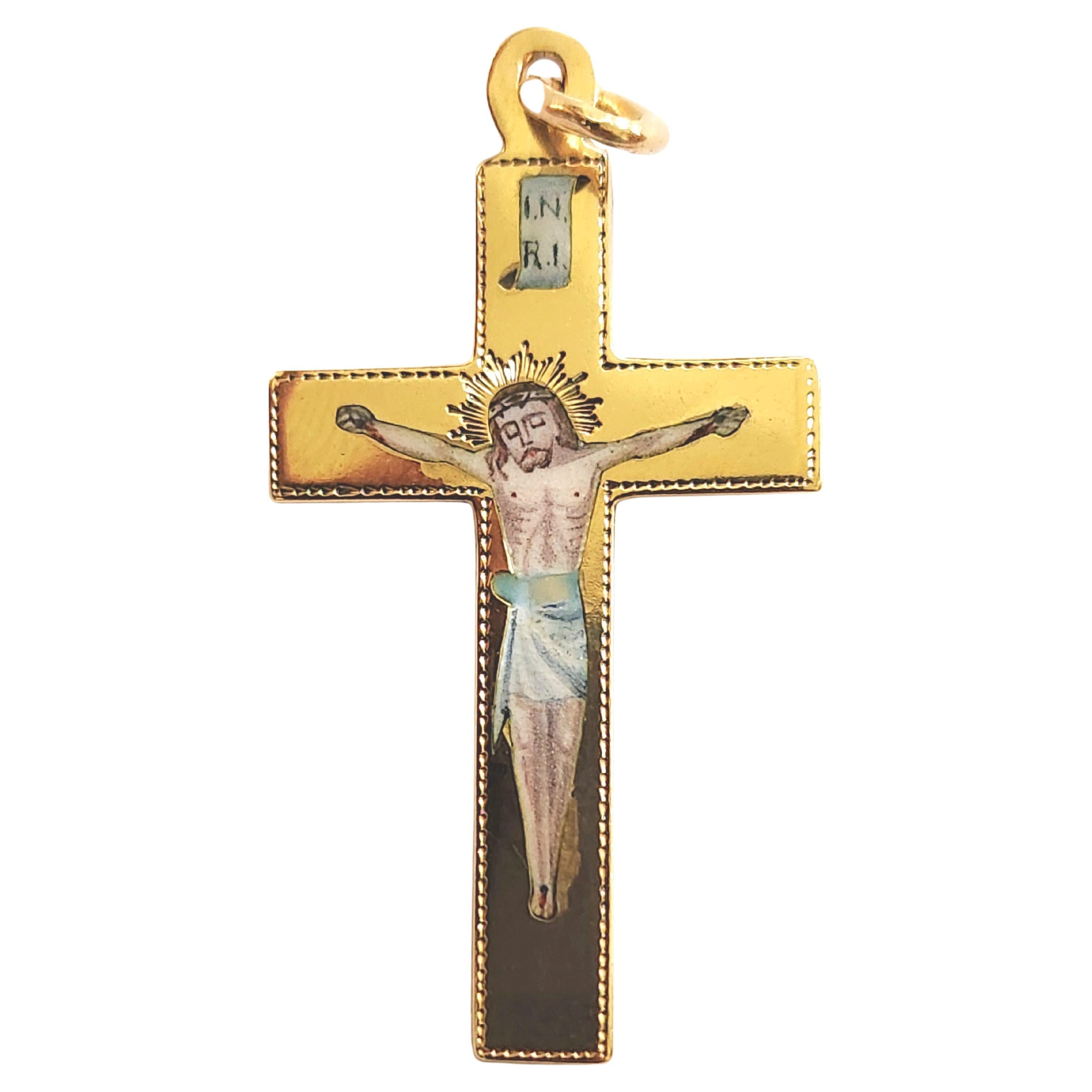 Antique russian cross in 14k gold hand  anamel painted on front with jesus crist in colurful colours cross was made in moscow during the imperial russian 1904/1907.c hall marked 56 imperial russian gold standard and moscow assayer master initial in