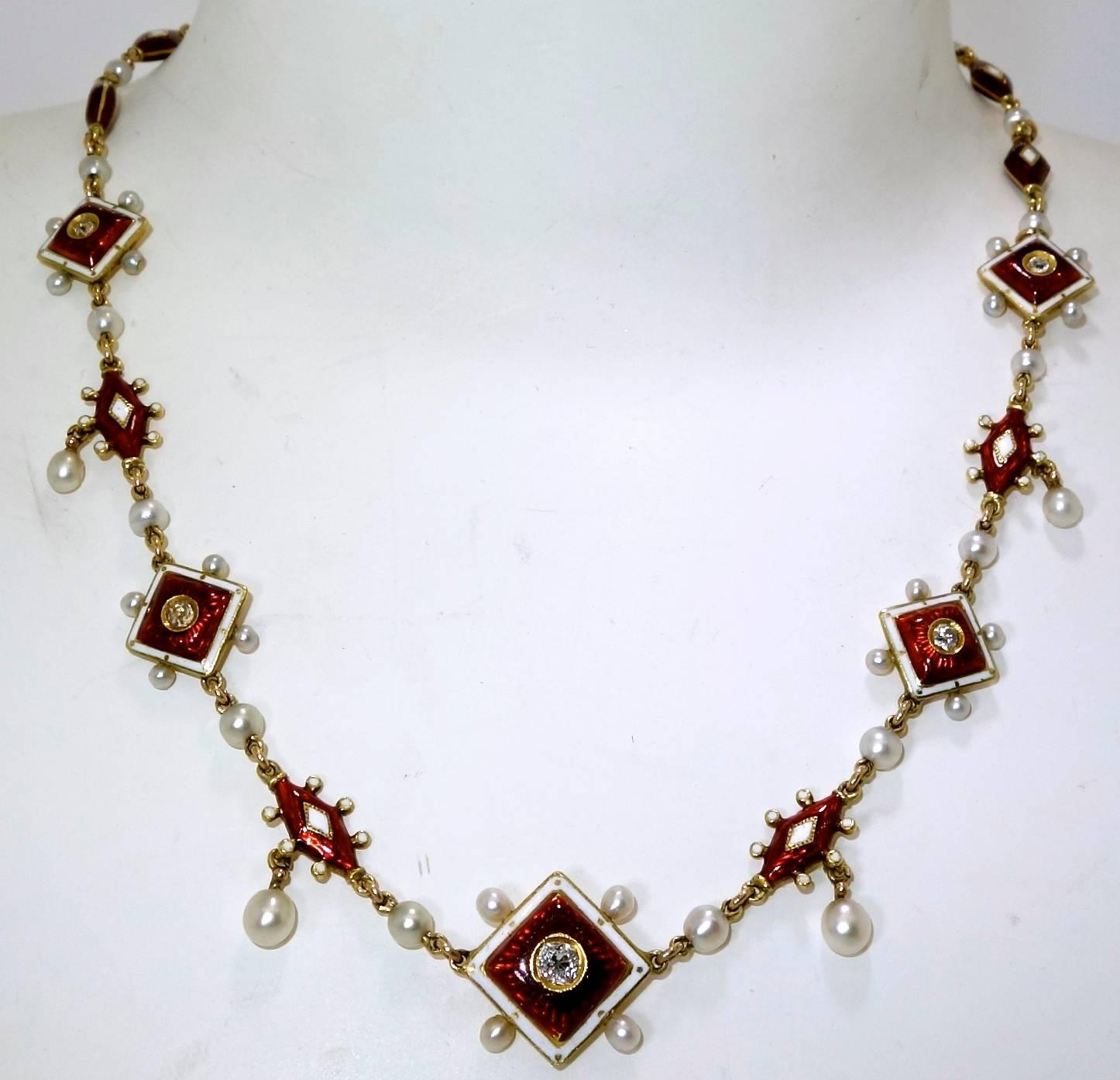 Antique guillochee red and white opaque enamel charming necklace with old cut diamonds and natural pearls.  There is a flip up/down bale so that a pendant or drop can be suspended from the center piece.  15.25 inches, this necklace is meant to be