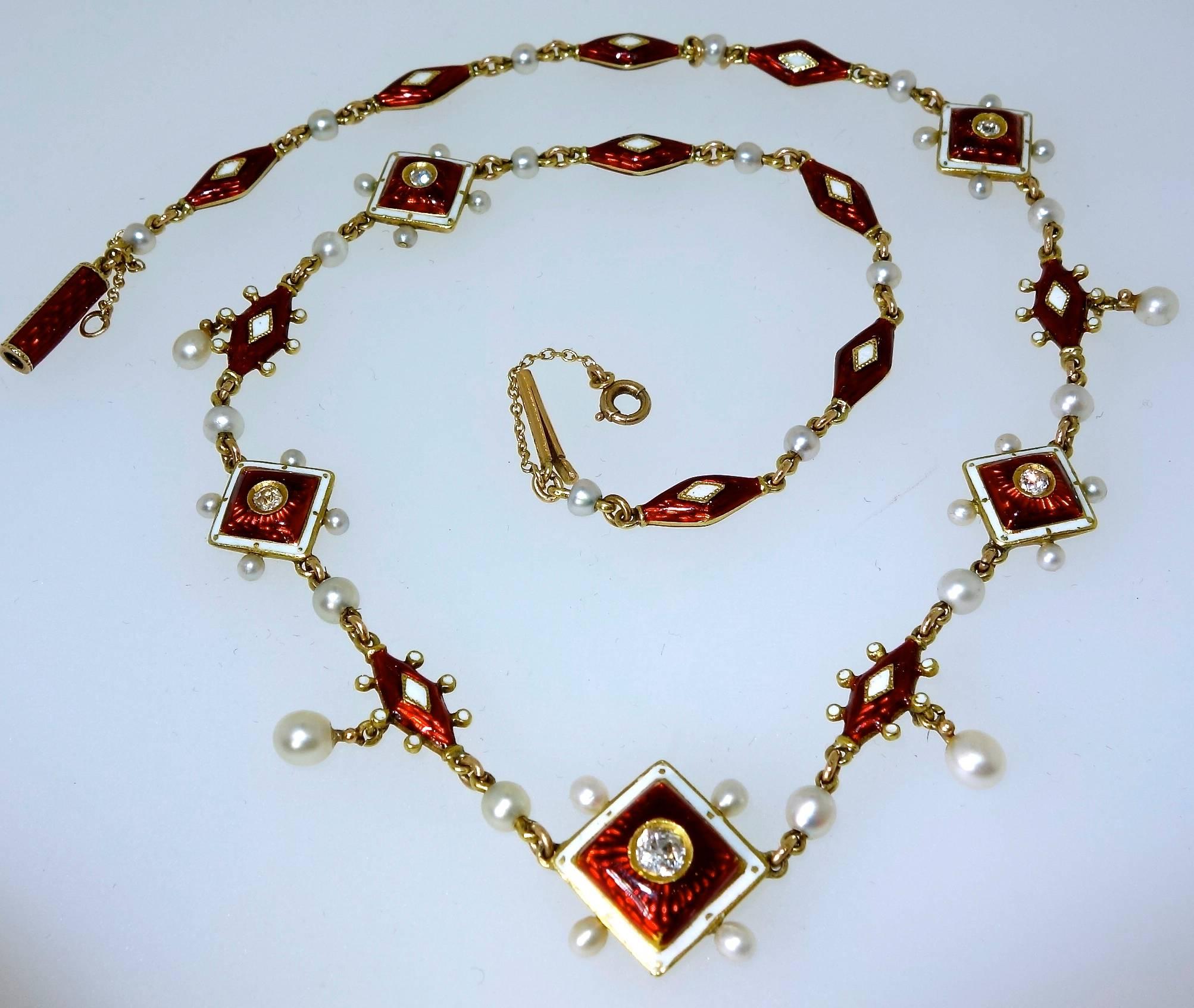 Late Victorian Antique Enamel, Diamond and Natural Pearl Necklace, circa 1880
