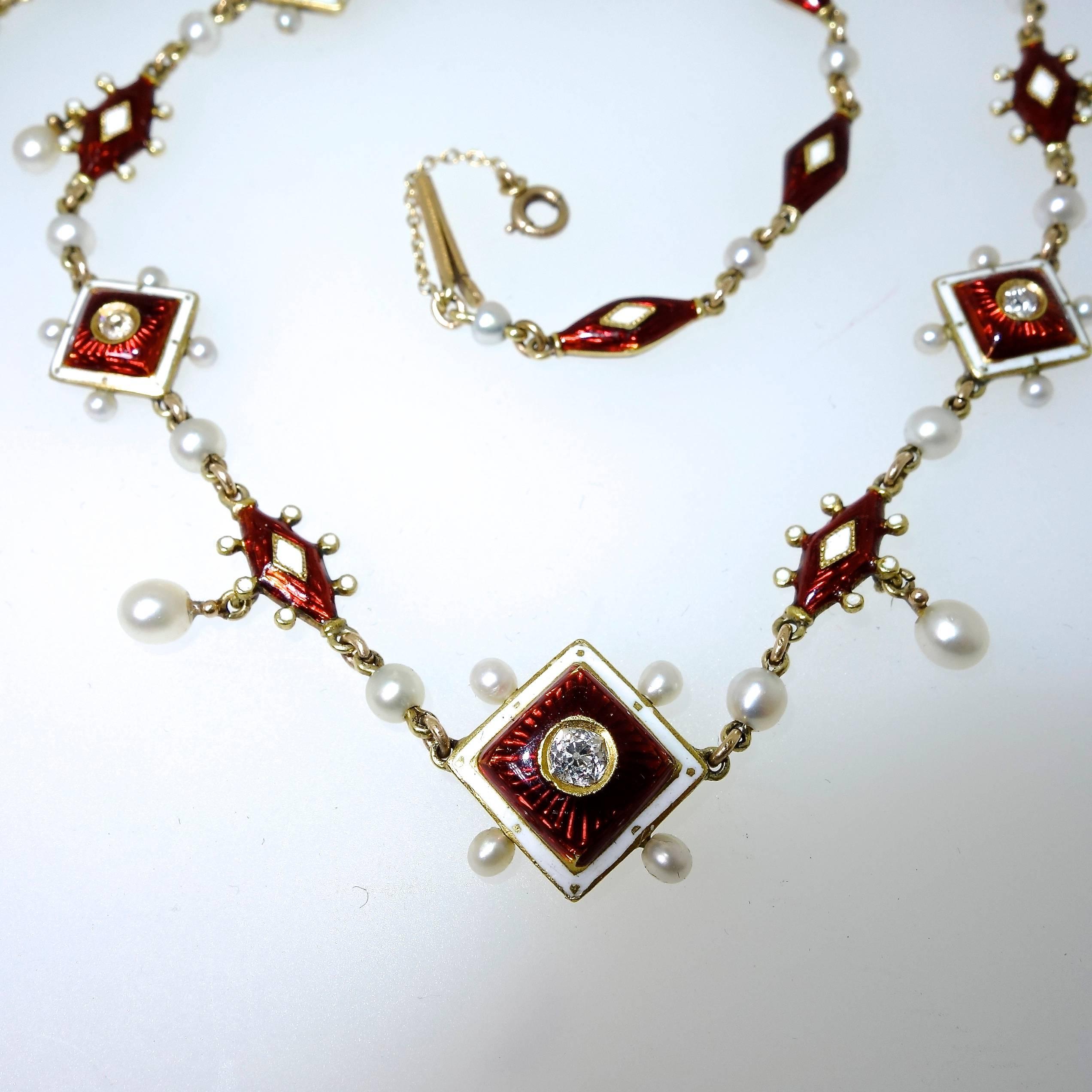 Antique Enamel, Diamond and Natural Pearl Necklace, circa 1880 In Excellent Condition In Aspen, CO