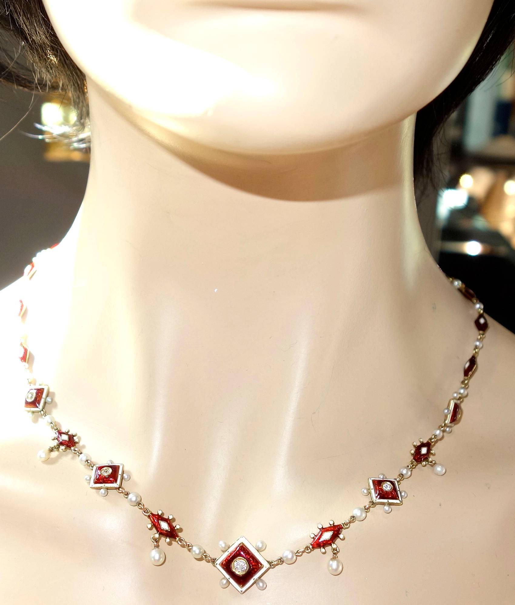 Antique Enamel, Diamond and Natural Pearl Necklace, circa 1880 1