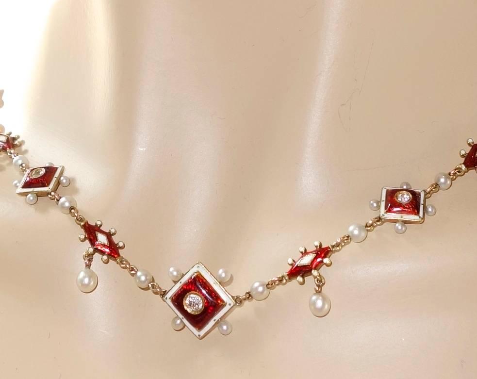Antique Enamel, Diamond and Natural Pearl Necklace, circa 1880 2