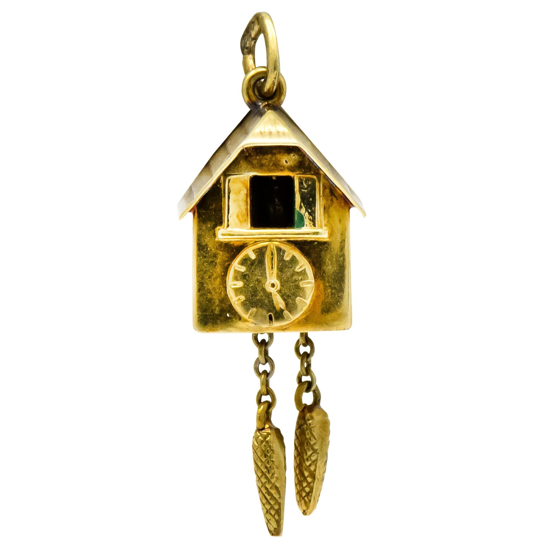 Circa 1905 Antique Enamel 14 Karat Gold German Cuckoo Clock Charm