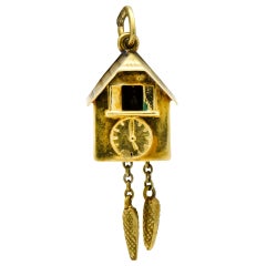 Circa 1905 Antique Enamel 14 Karat Gold German Cuckoo Clock Charm