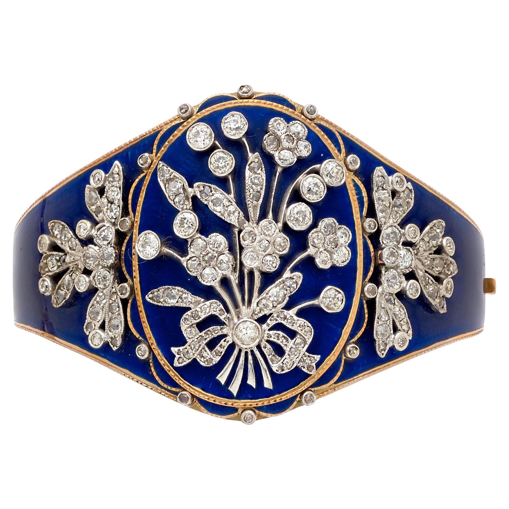 Bracelet jonc à charnière ancien en or 14 carats et platine avec émail et diamants de 4,50 carats, taille 6,5