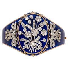 Bracelet jonc à charnière ancien en or 14 carats et platine avec émail et diamants de 4,50 carats, taille 6,5