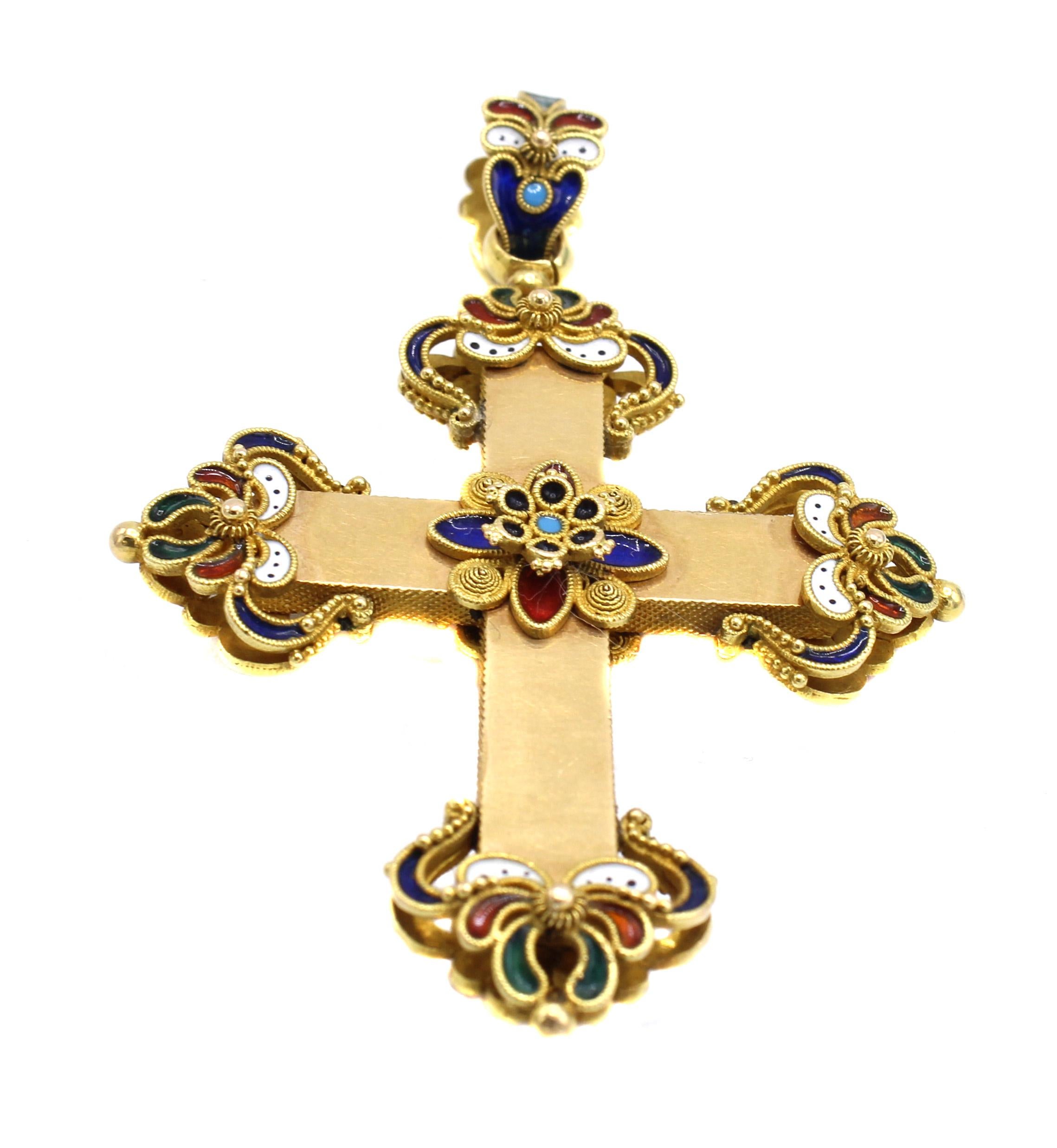 This Etruscan Revival pendant from ca. 1875 in the shape of a cross is truly a piece of art. Jewelers of this period like Giuliano and Castellani were infatuated by the Neo-Renaissance and there work was known for detail and the finest