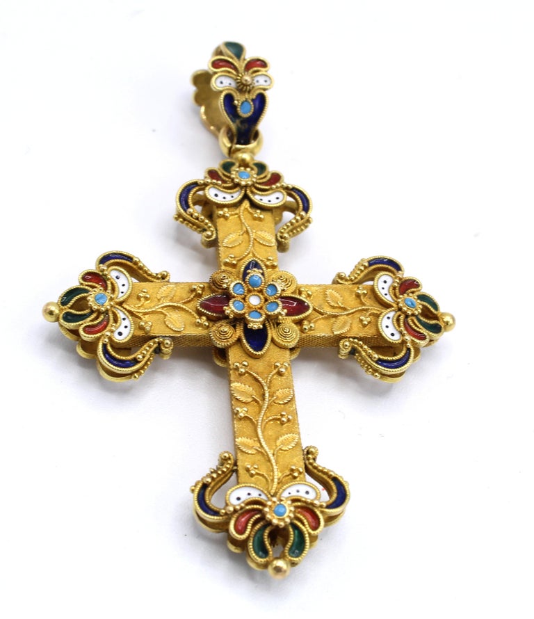 Antique Enamel 18 Karat Gold Cross Pendant For Sale at 1stdibs