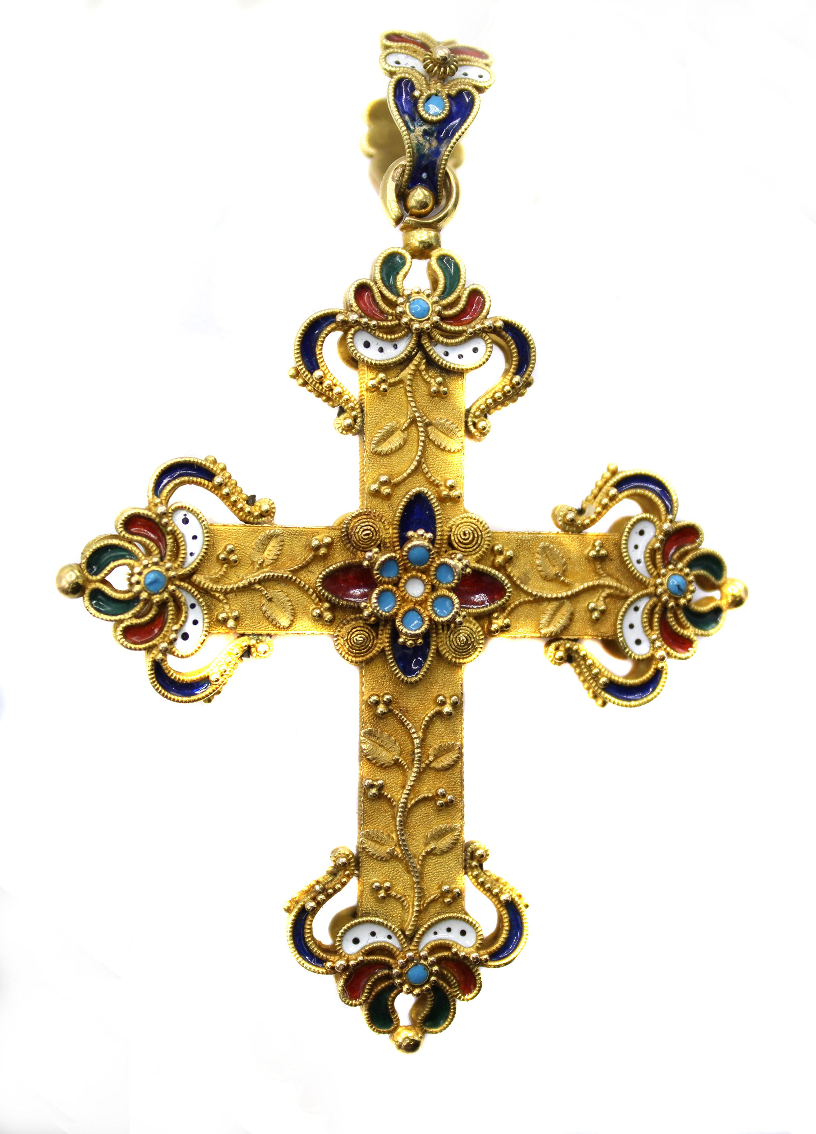 Etruscan Revival Antique Enamel 18 Karat Gold Cross Pendant