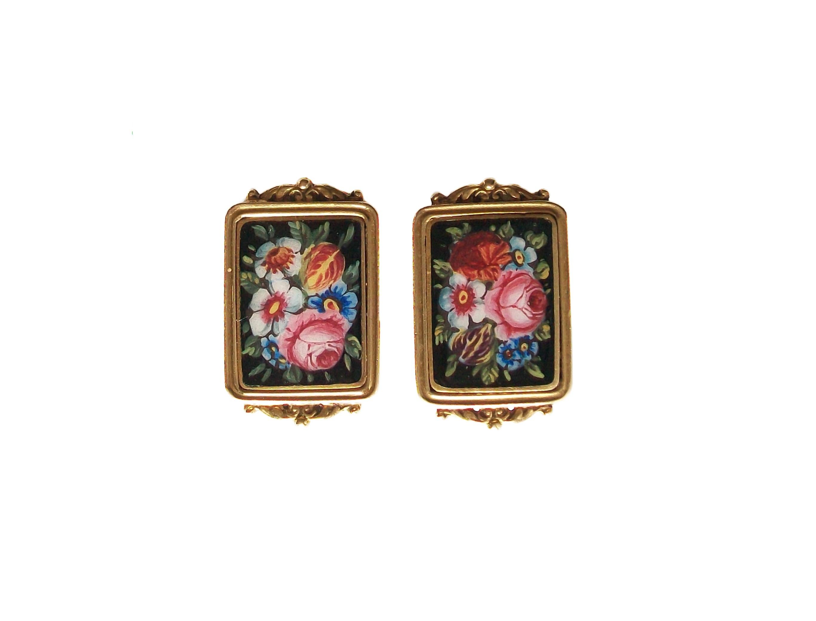 Extraordinary antique enamel and 18K / 750 yellow gold collar studs or buttons - hand painted floral enamels - solid gold frames with leafy scrolls and ball details - finest quality workmanship and detail - completely hand made - French ram's head