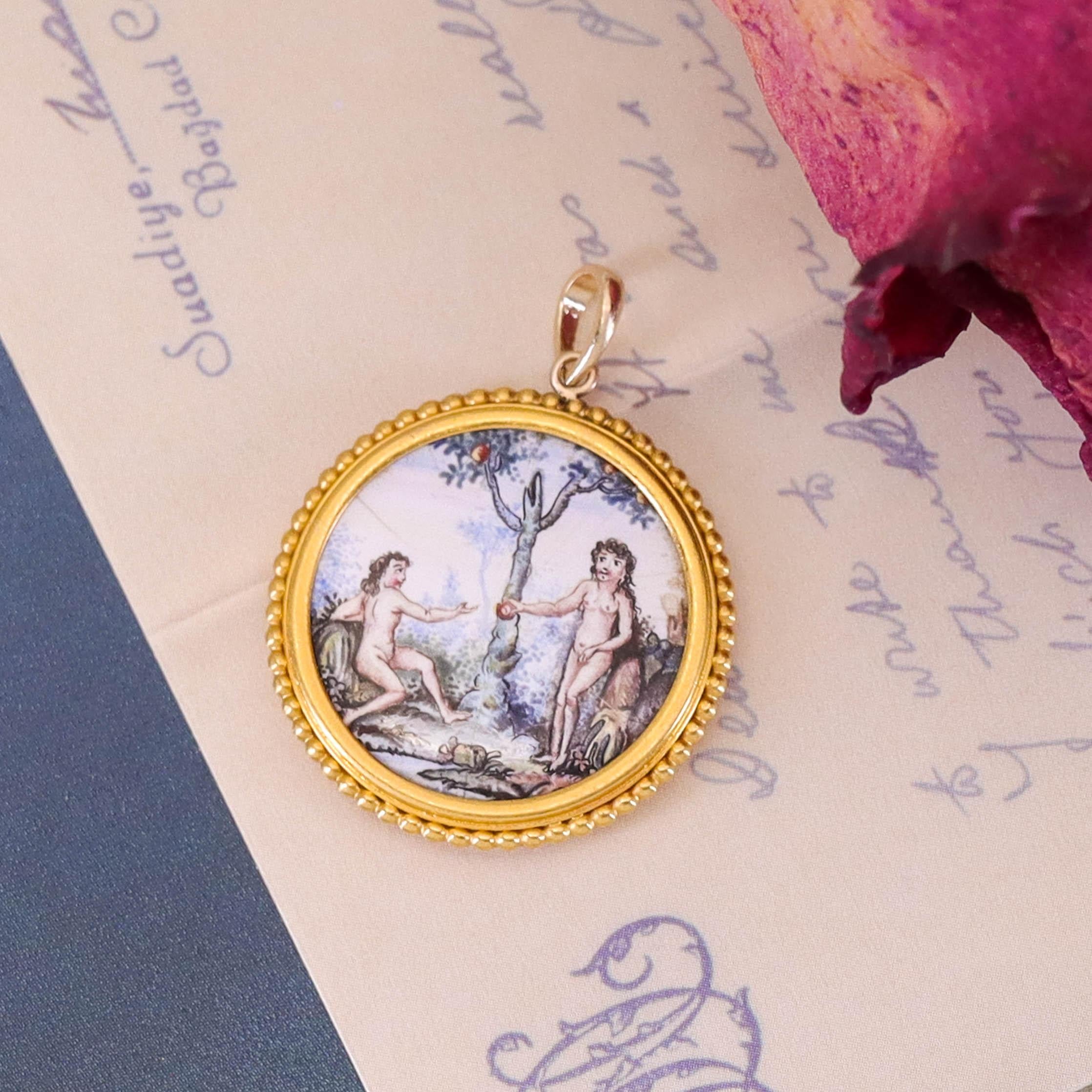 Antique Enamel Adam and Eve Pendant of 14k Gold For Sale 1
