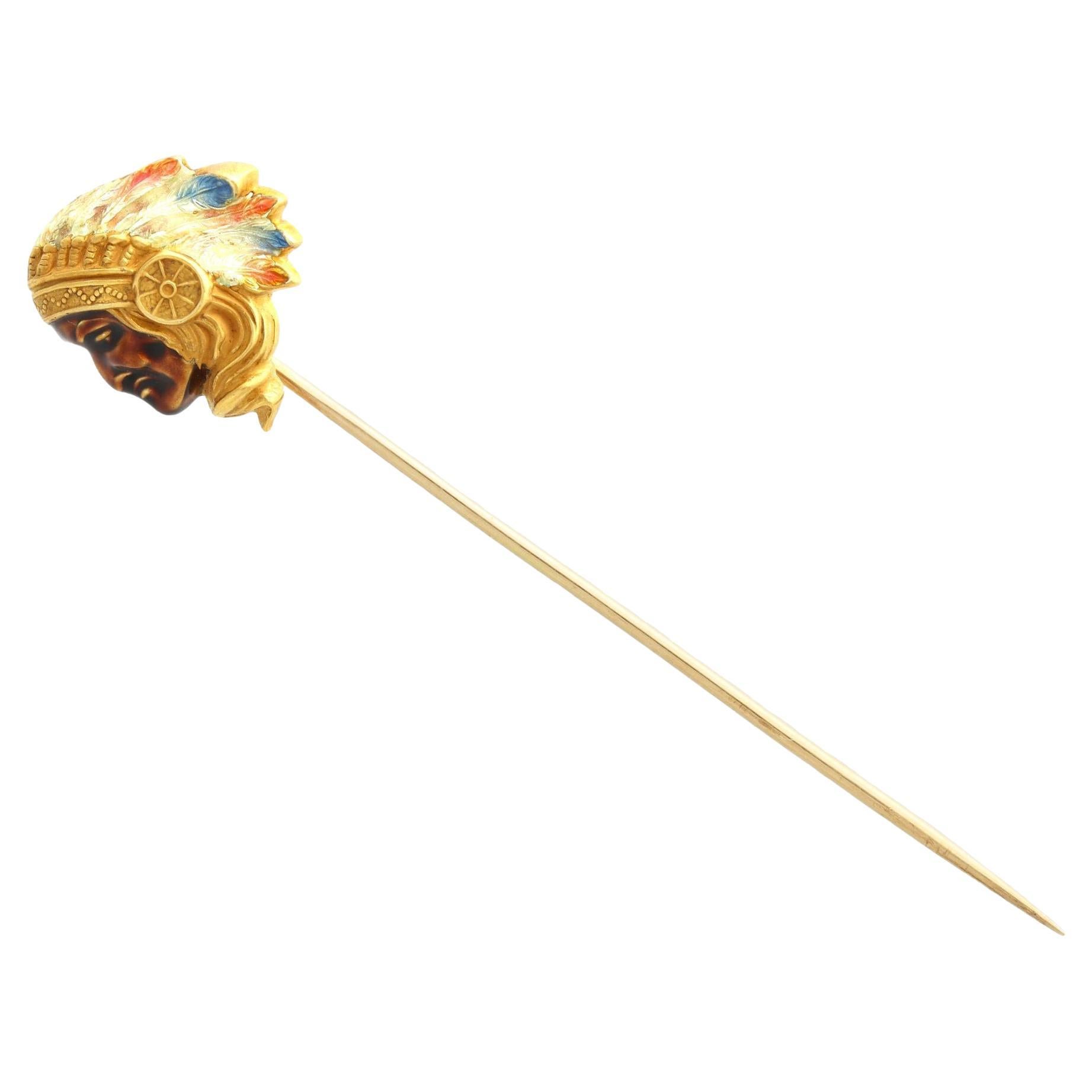 Antique Enamel and 15 Carat Yellow Gold Indian Chief Tie Pin, circa 1880 For Sale