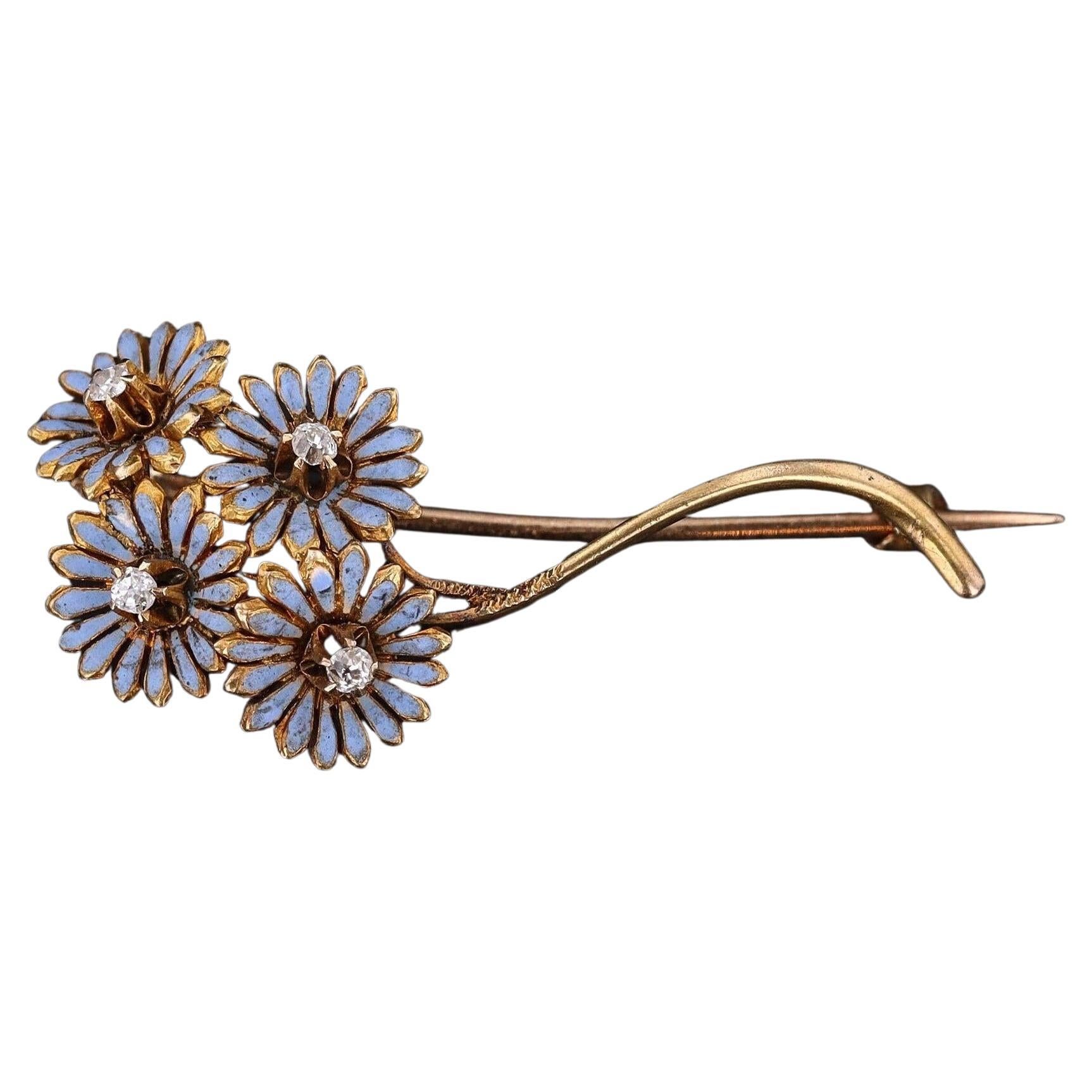 Antique Enamel and Diamond Daisy Brooch of 14k Gold