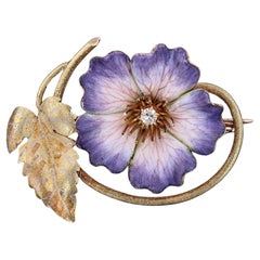 Antique Enamel and Diamond Flower Brooch of 14k Gold