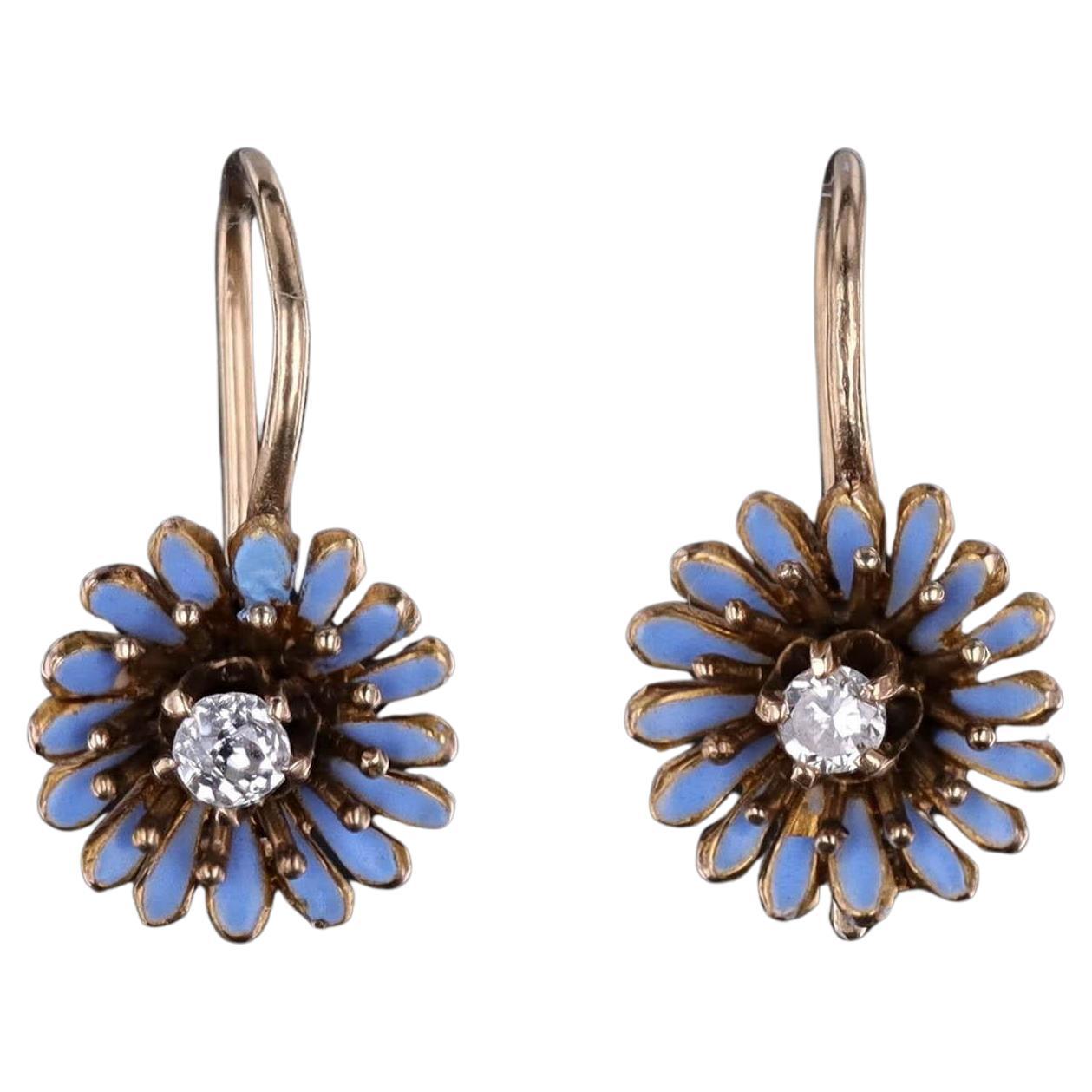 Antique Enamel and Diamond Flower Earrings of 14k Gold
