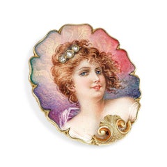Antique Enamel and Diamond Gold Statement Portrait Brooch Pin