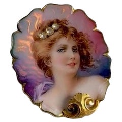 Antique Enamel and Diamond Gold Statement Portrait Brooch Pin