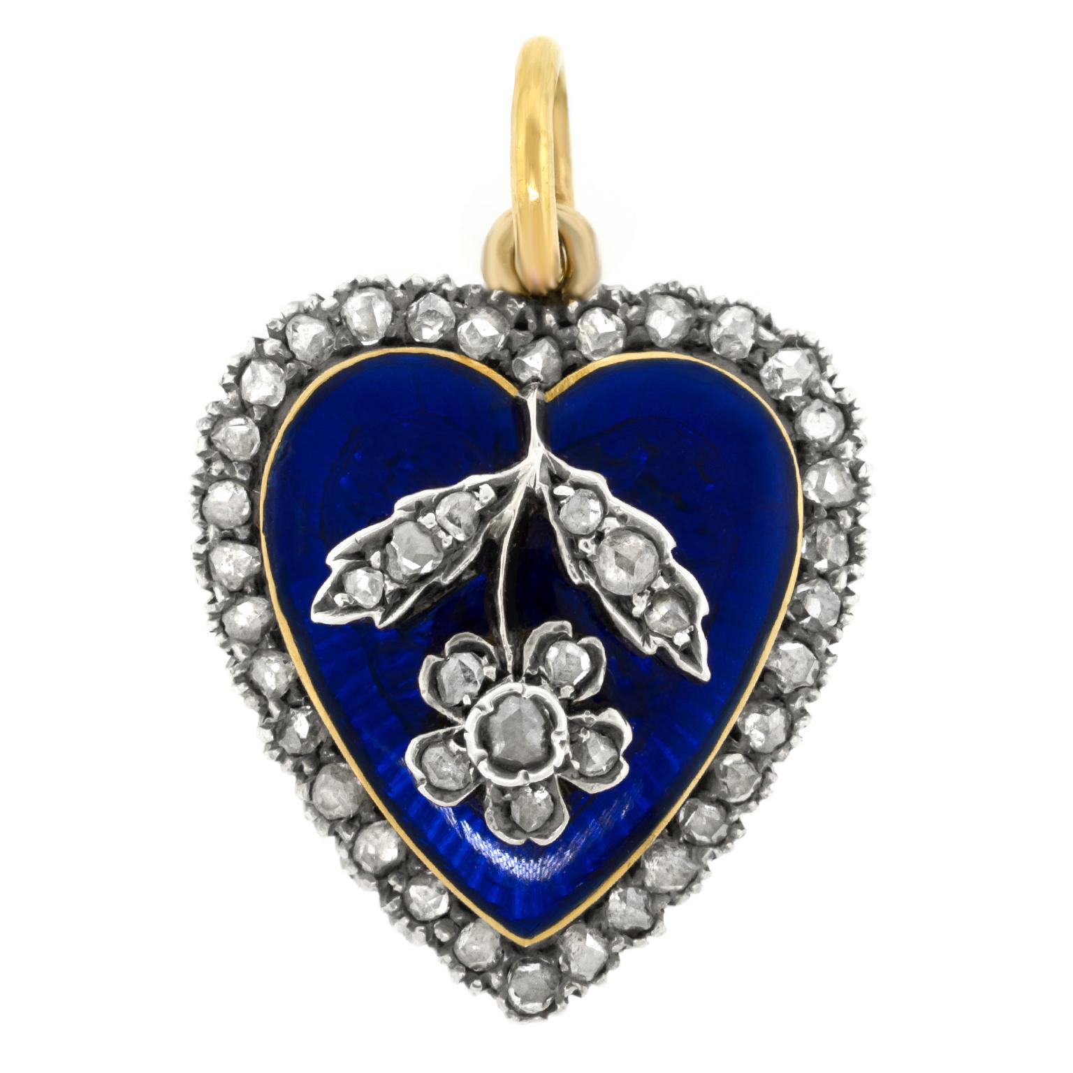 Antico ciondolo a cuore con smalto e diamanti In condizioni ottime in vendita a Litchfield, CT