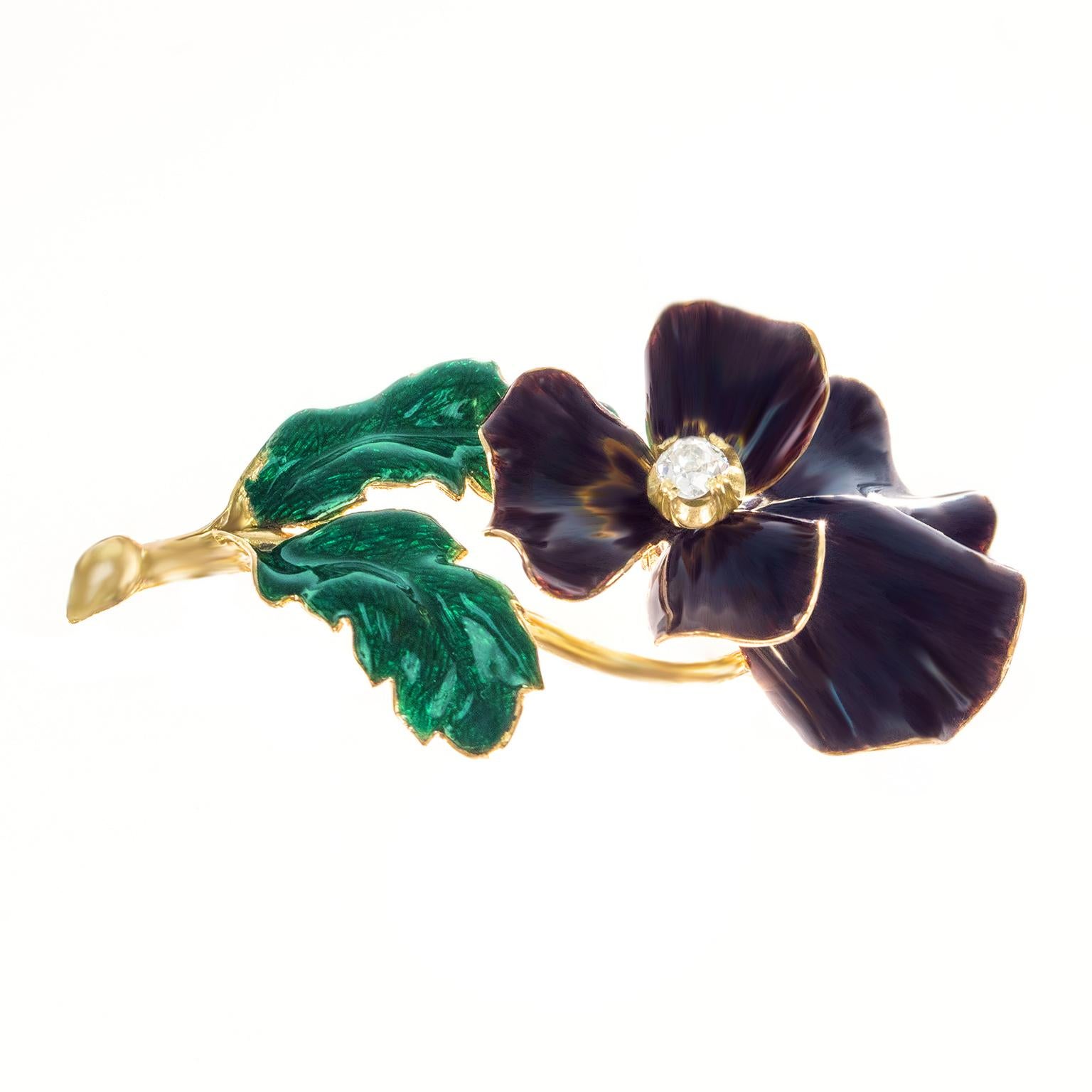 Antique Enamel and Diamond Pansy Brooch 1