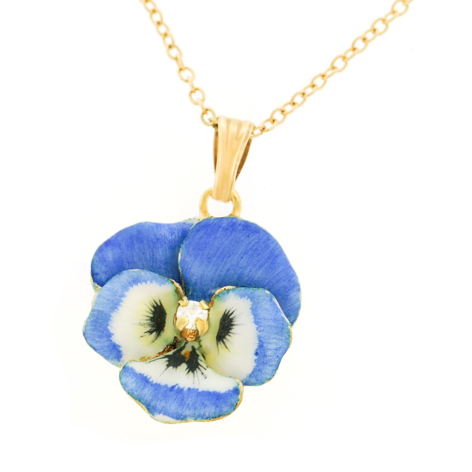 Antique Enamel and Diamond Pansy Pendant and Chain at 1stDibs