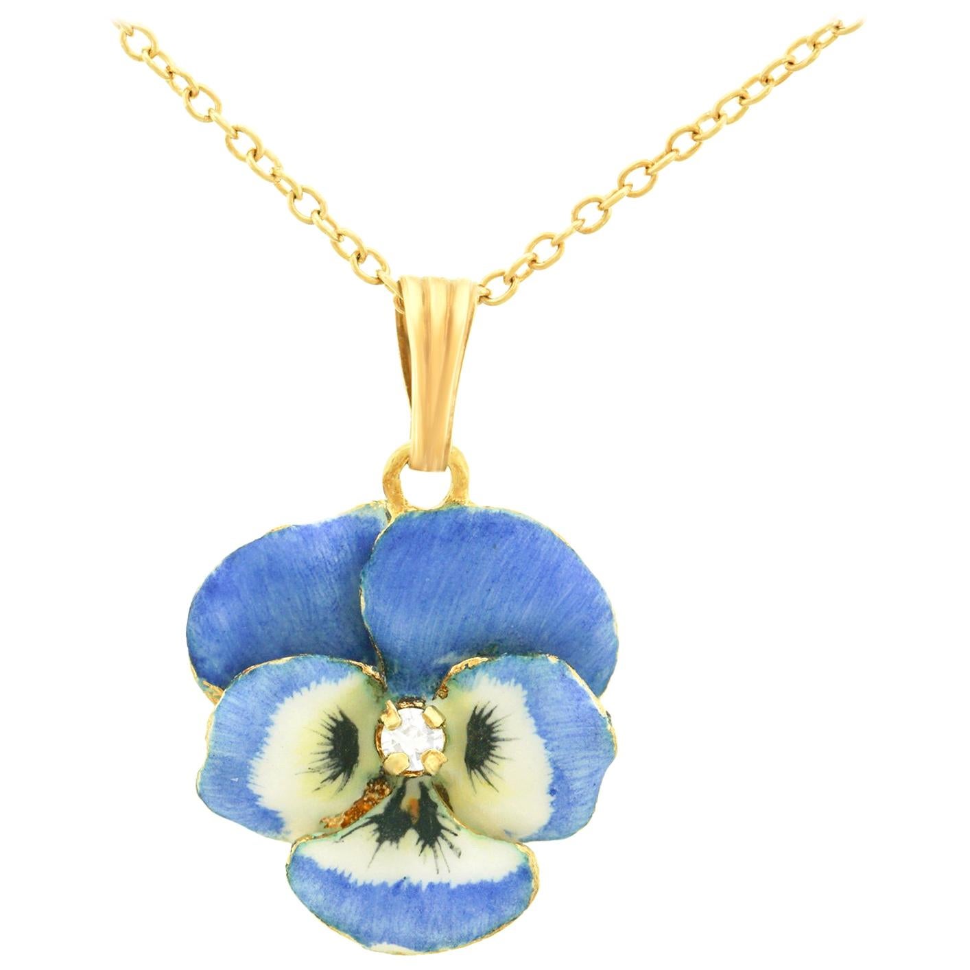 Antique Enamel and Diamond Pansy Pendant and Chain at 1stDibs
