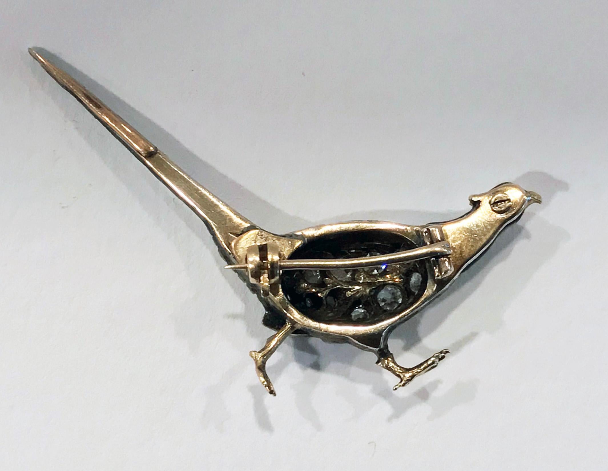 Antique Enamel and Diamond Pheasant Brooch, English, circa 1880 In Good Condition In Toronto, ON