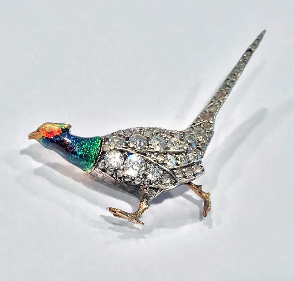 Old European Cut Antique Enamel and Diamond Pheasant Brooch, English, circa 1880