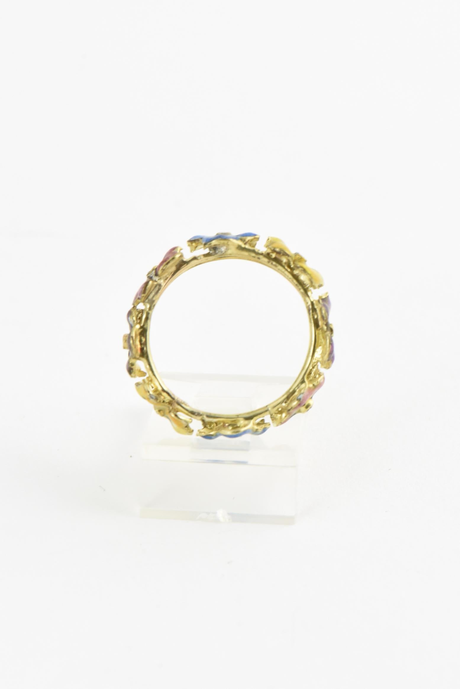 Round Cut Antique Enamel and Diamond Yellow Gold Pansy Band Ring