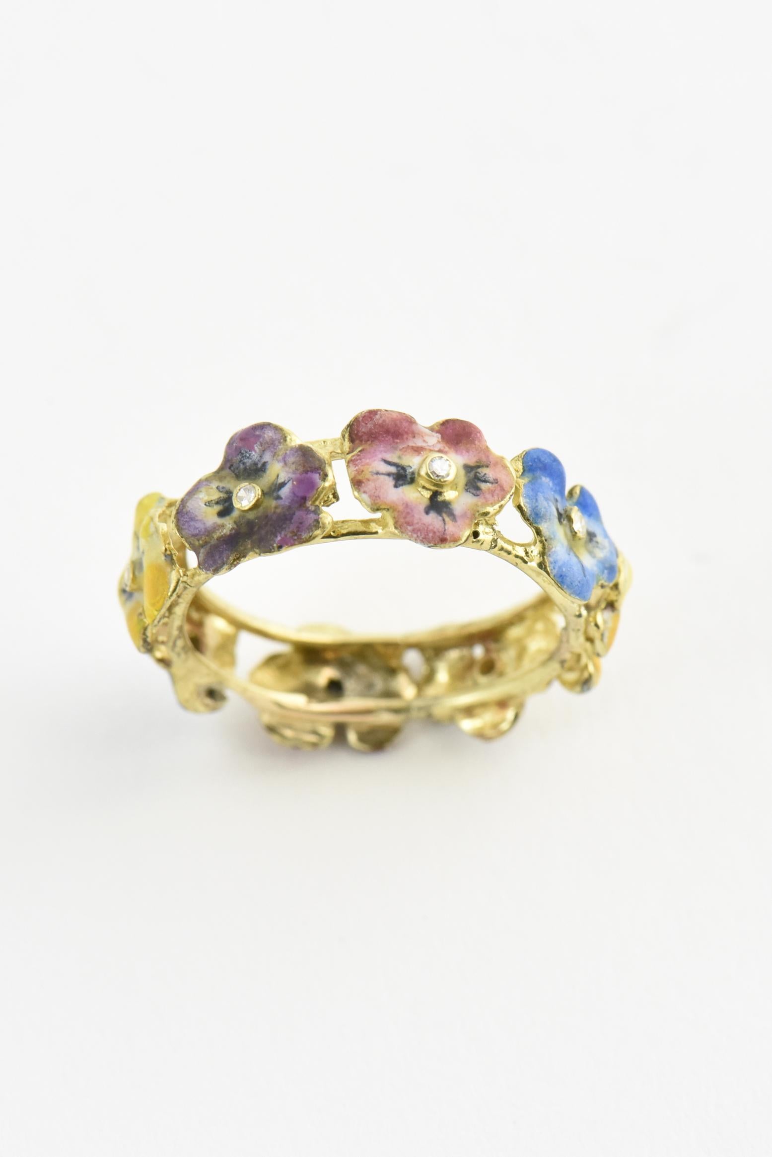 Women's Antique Enamel and Diamond Yellow Gold Pansy Band Ring