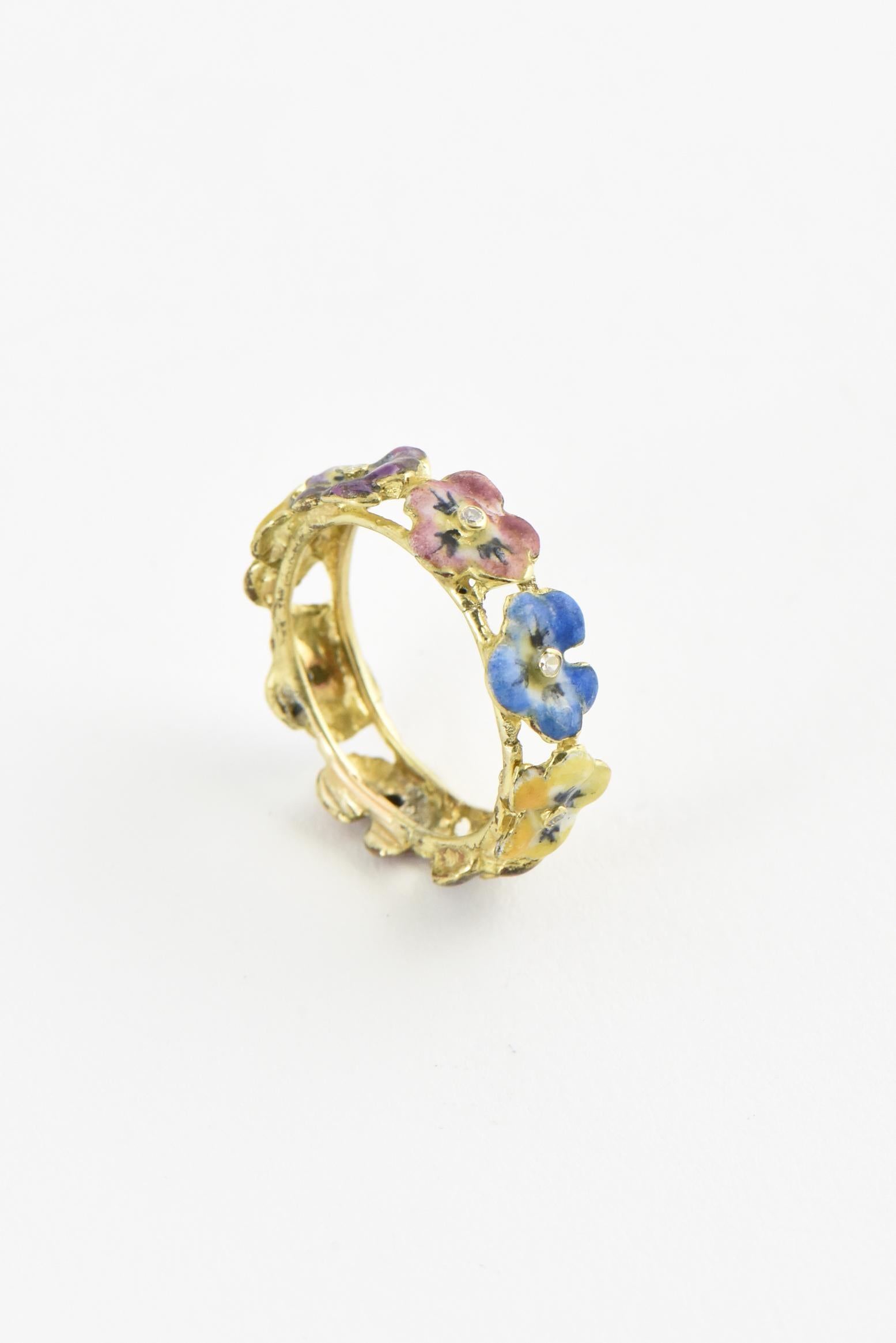 Antique Enamel and Diamond Yellow Gold Pansy Band Ring 1