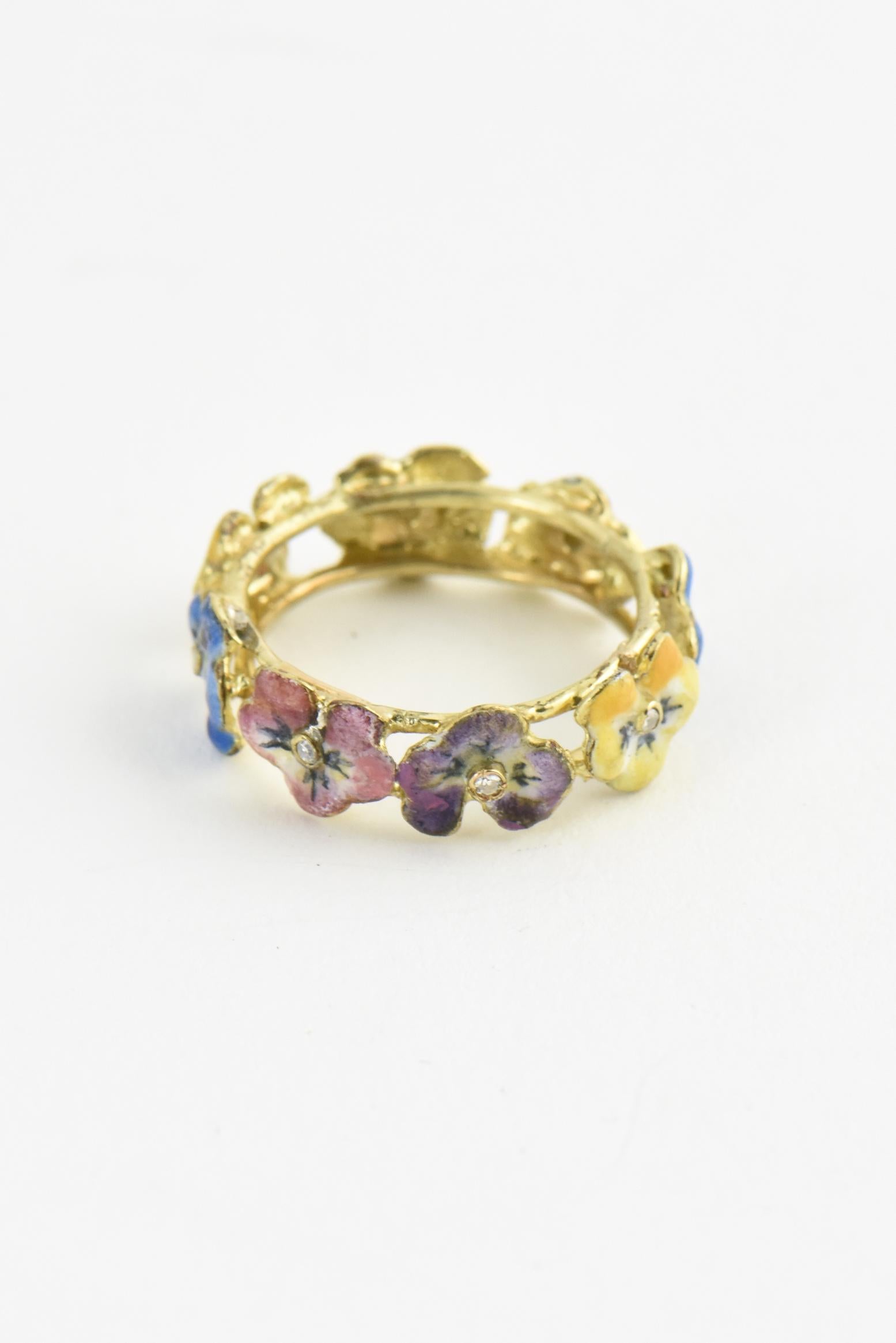 Antique Enamel and Diamond Yellow Gold Pansy Band Ring 2