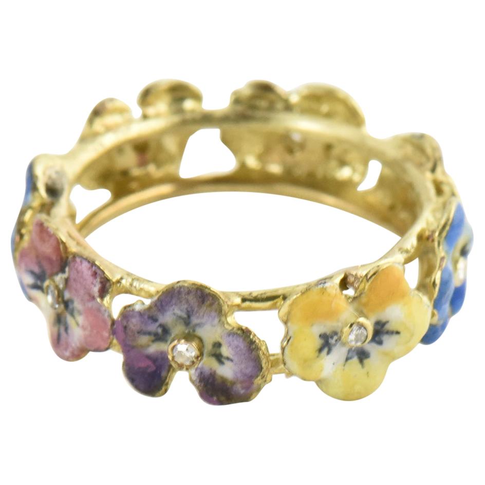 Antique Enamel and Diamond Yellow Gold Pansy Band Ring