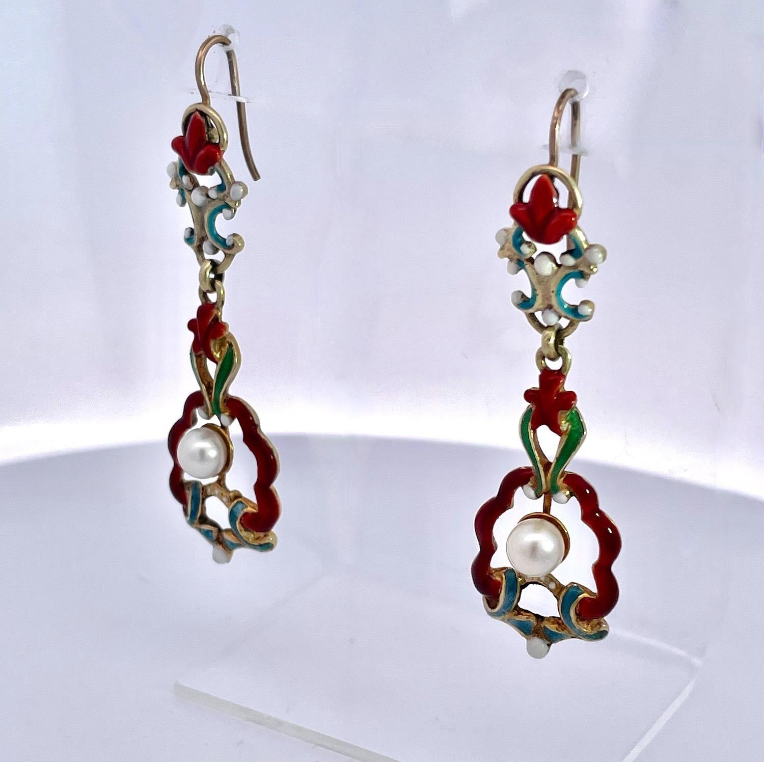 Antique Enamel and Pearl Dangle Earrings For Sale 5