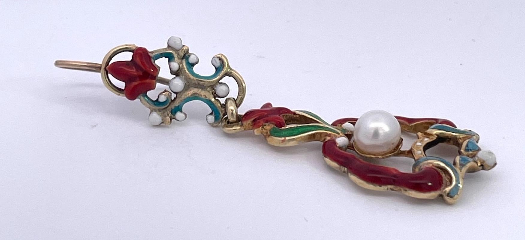 Antique Enamel and Pearl Dangle Earrings For Sale 6