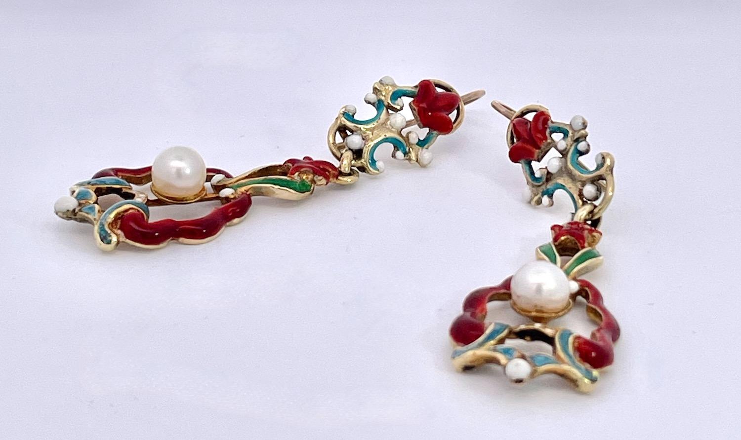 Artisan Antique Enamel and Pearl Dangle Earrings For Sale