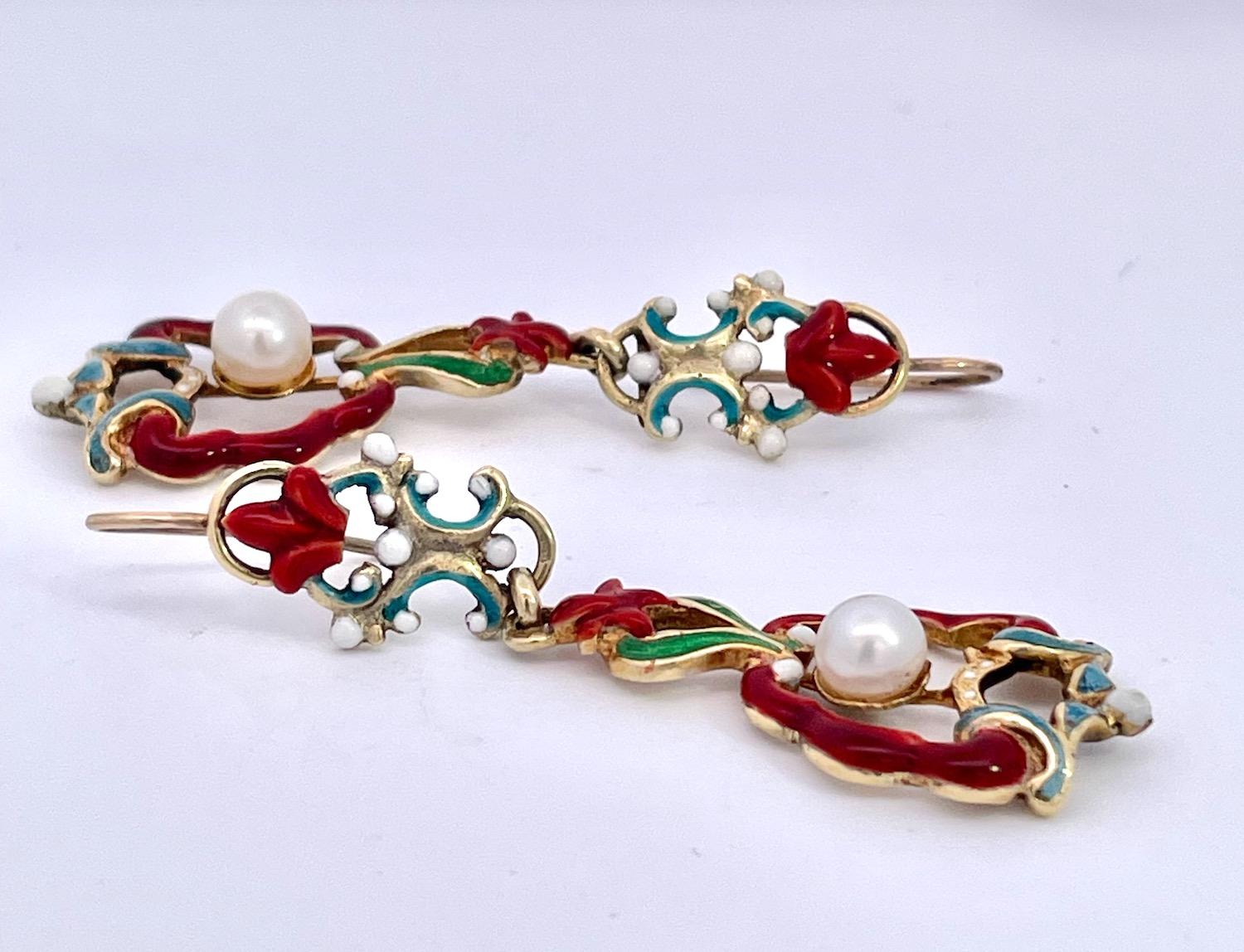 Round Cut Antique Enamel and Pearl Dangle Earrings For Sale