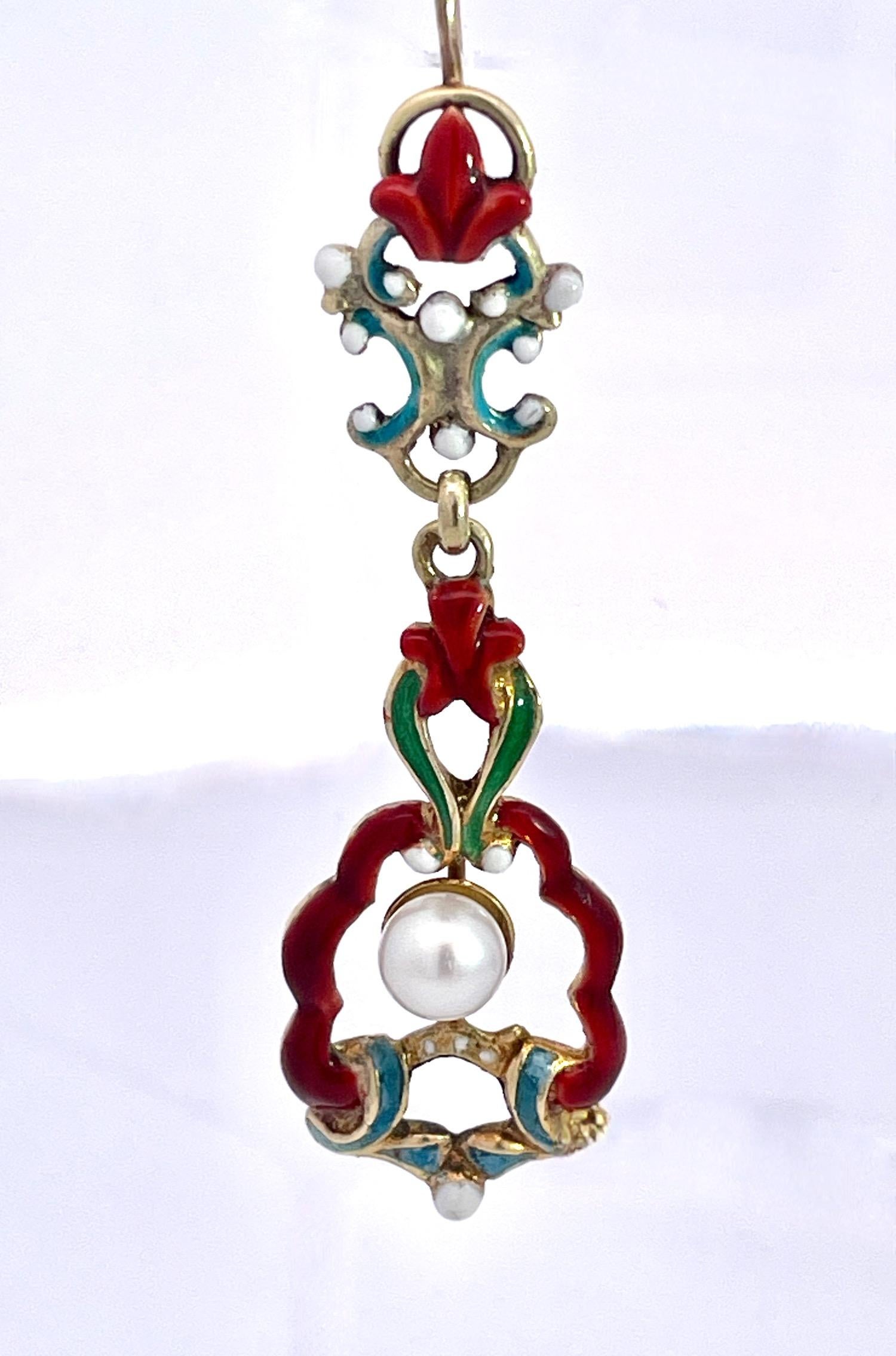 Women's Antique Enamel and Pearl Dangle Earrings For Sale
