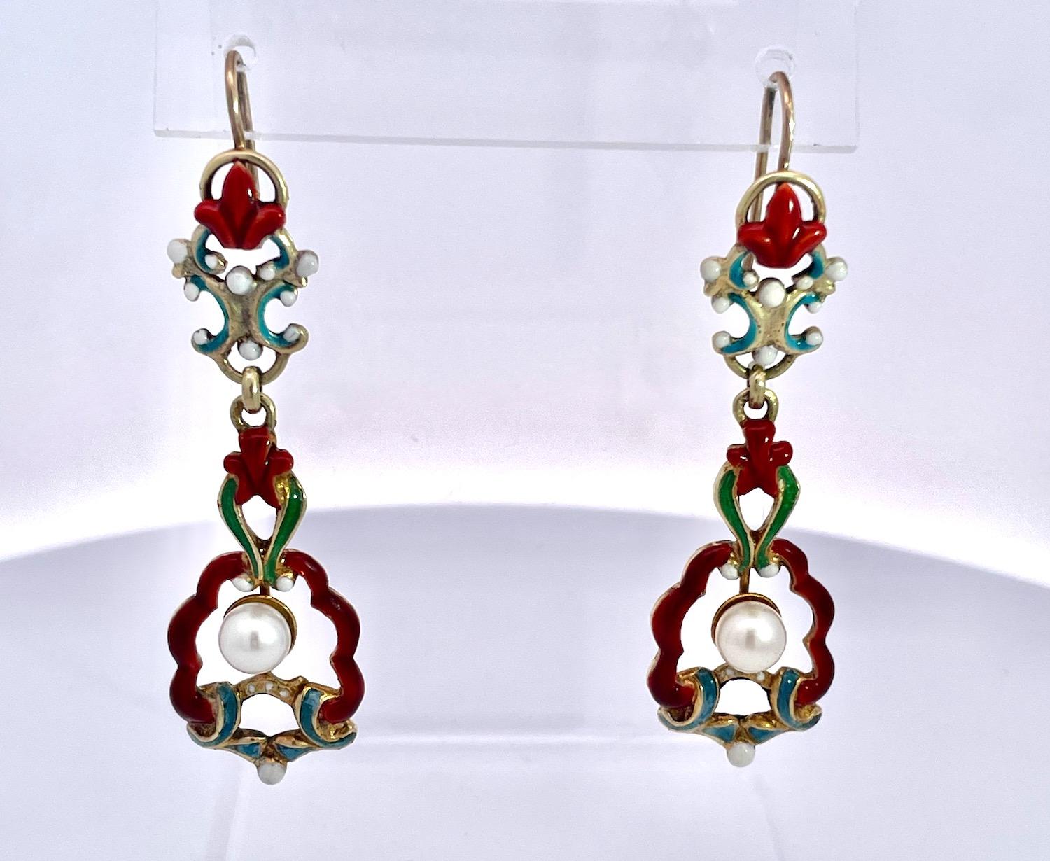Antique Enamel and Pearl Dangle Earrings For Sale 1