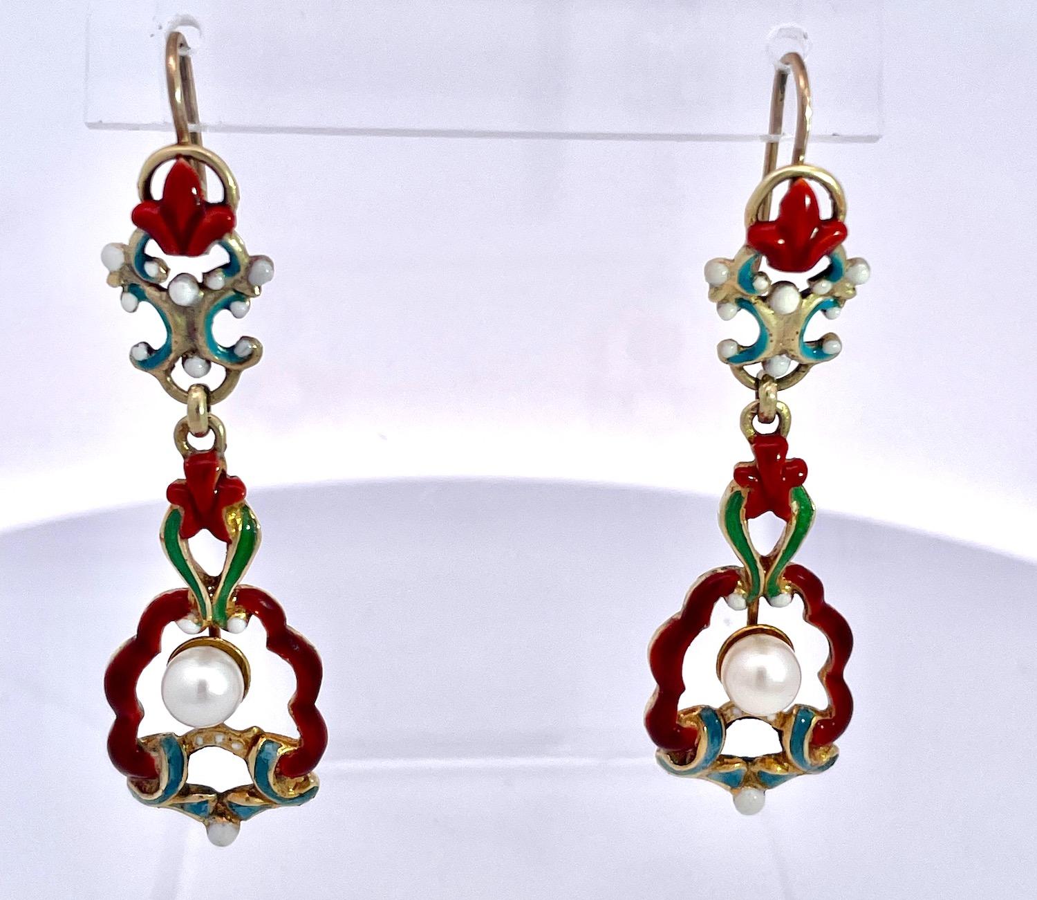 Antique Enamel and Pearl Dangle Earrings For Sale 3