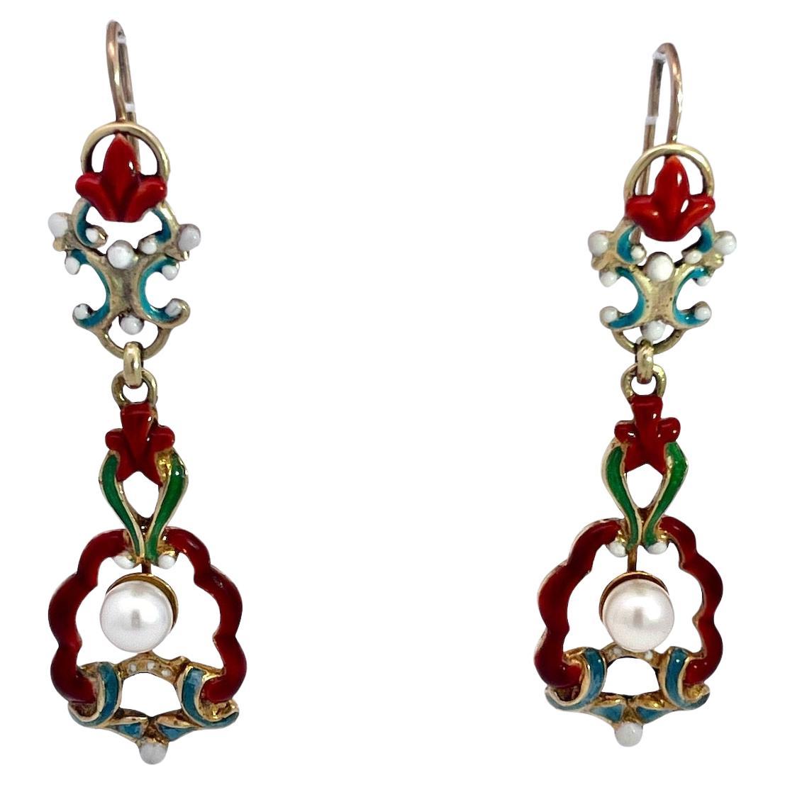 Antique Enamel and Pearl Dangle Earrings