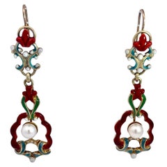 Antique Enamel and Pearl Dangle Earrings