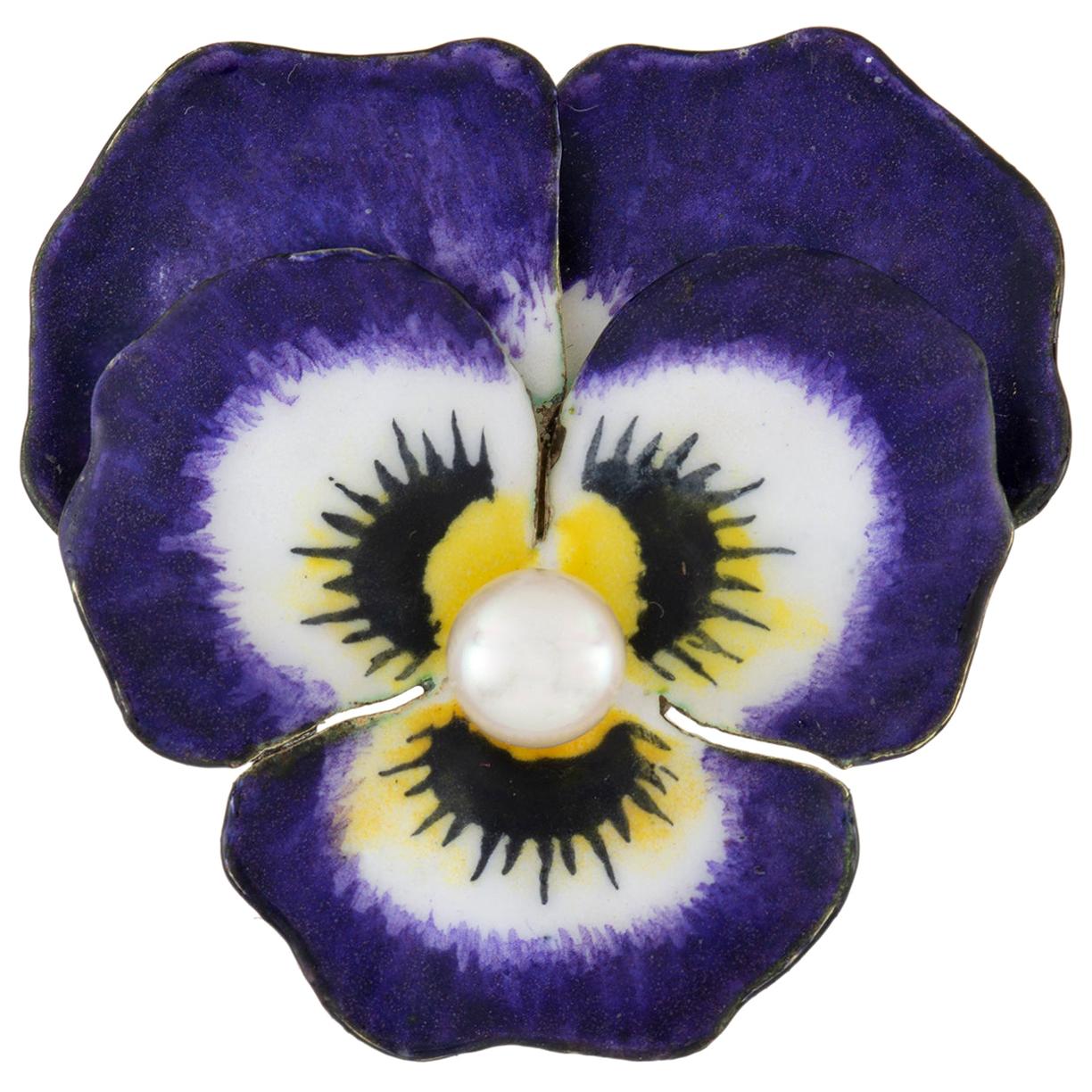 Antique Enamel and Pearl Pansy Brooch