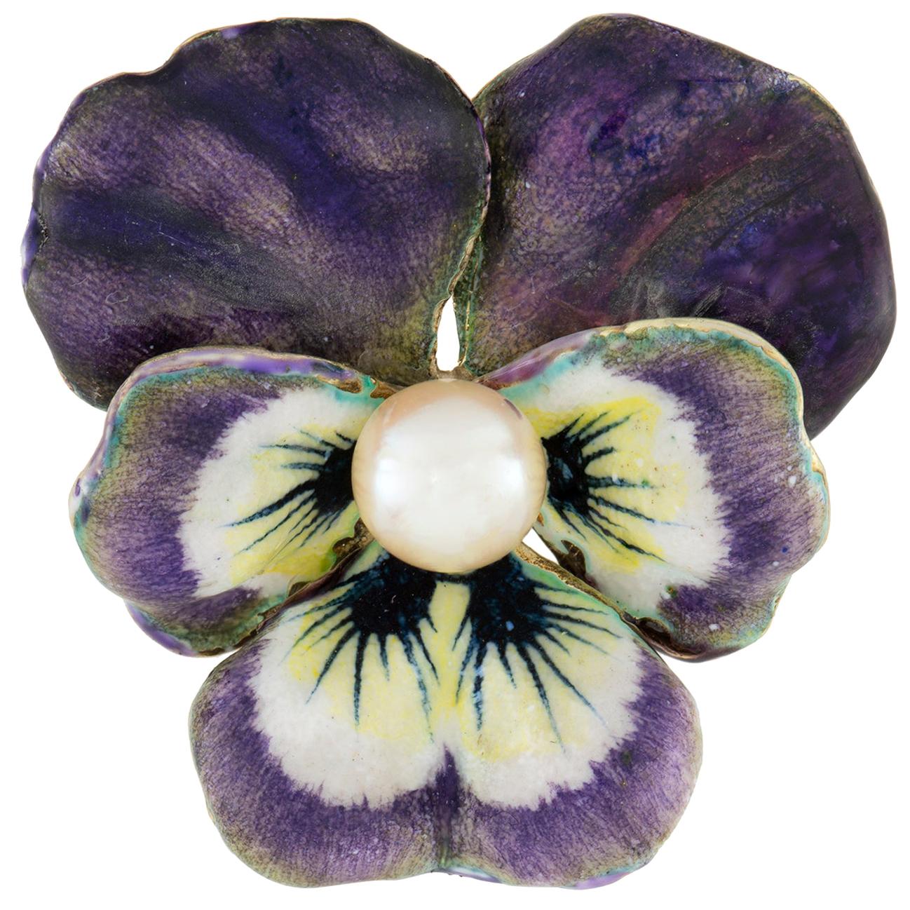 Antique Enamel and Pearl Pansy Brooch
