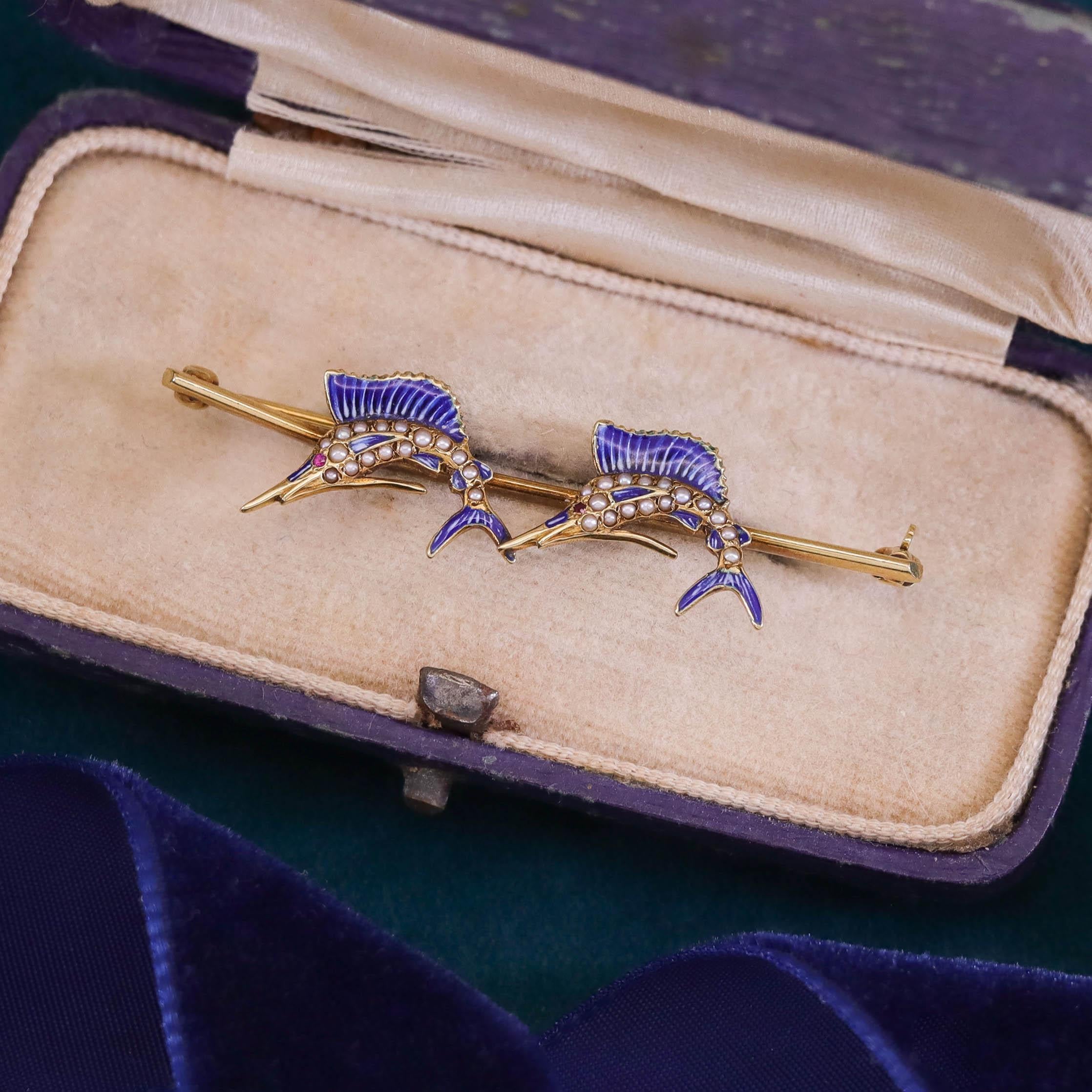 Cabochon Antique Enamel and Pearl Sailfish Brooch of 14k Gold For Sale