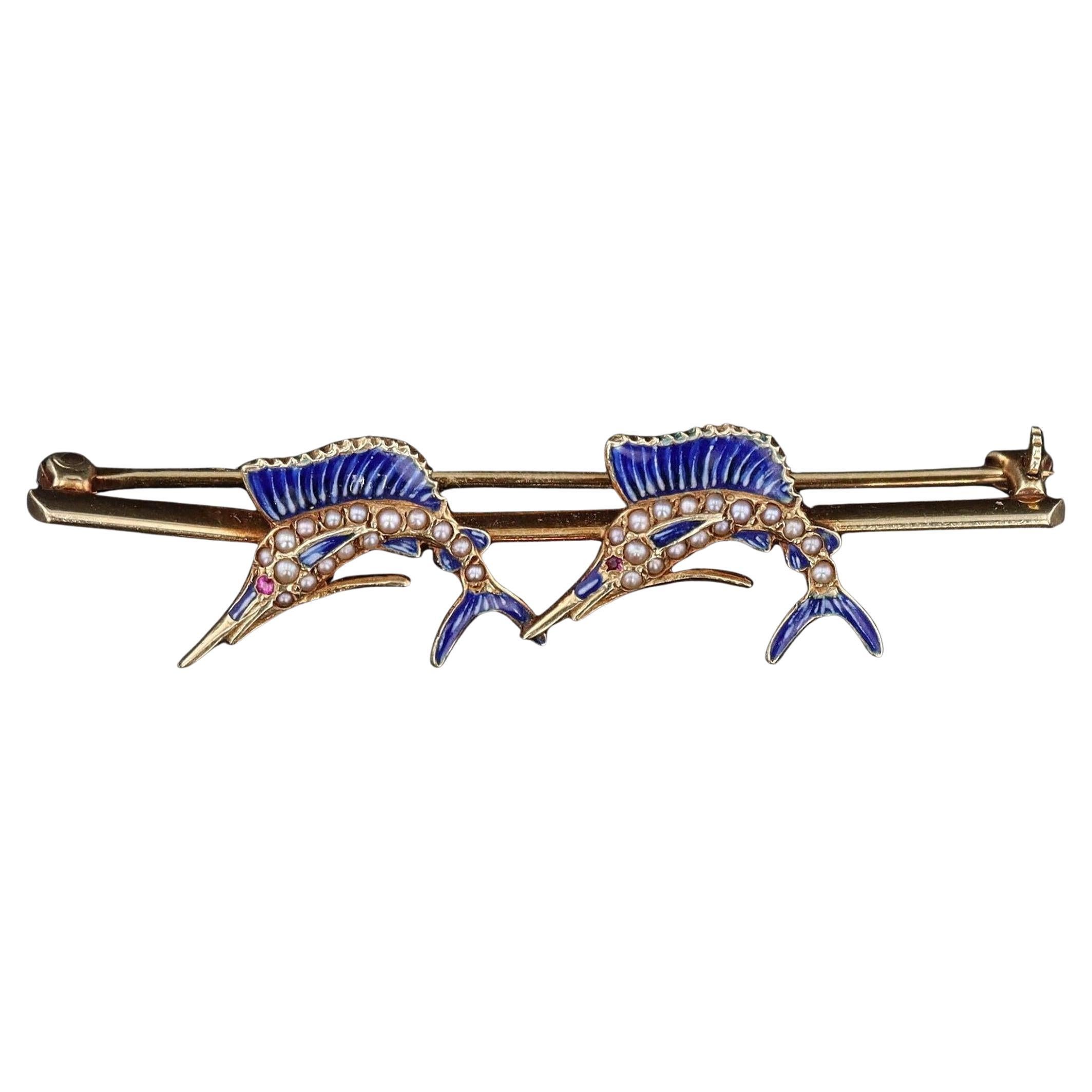 Antique Enamel and Pearl Sailfish Brooch of 14k Gold For Sale