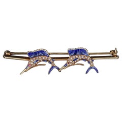 Antique Enamel and Pearl Sailfish Brooch of 14k Gold