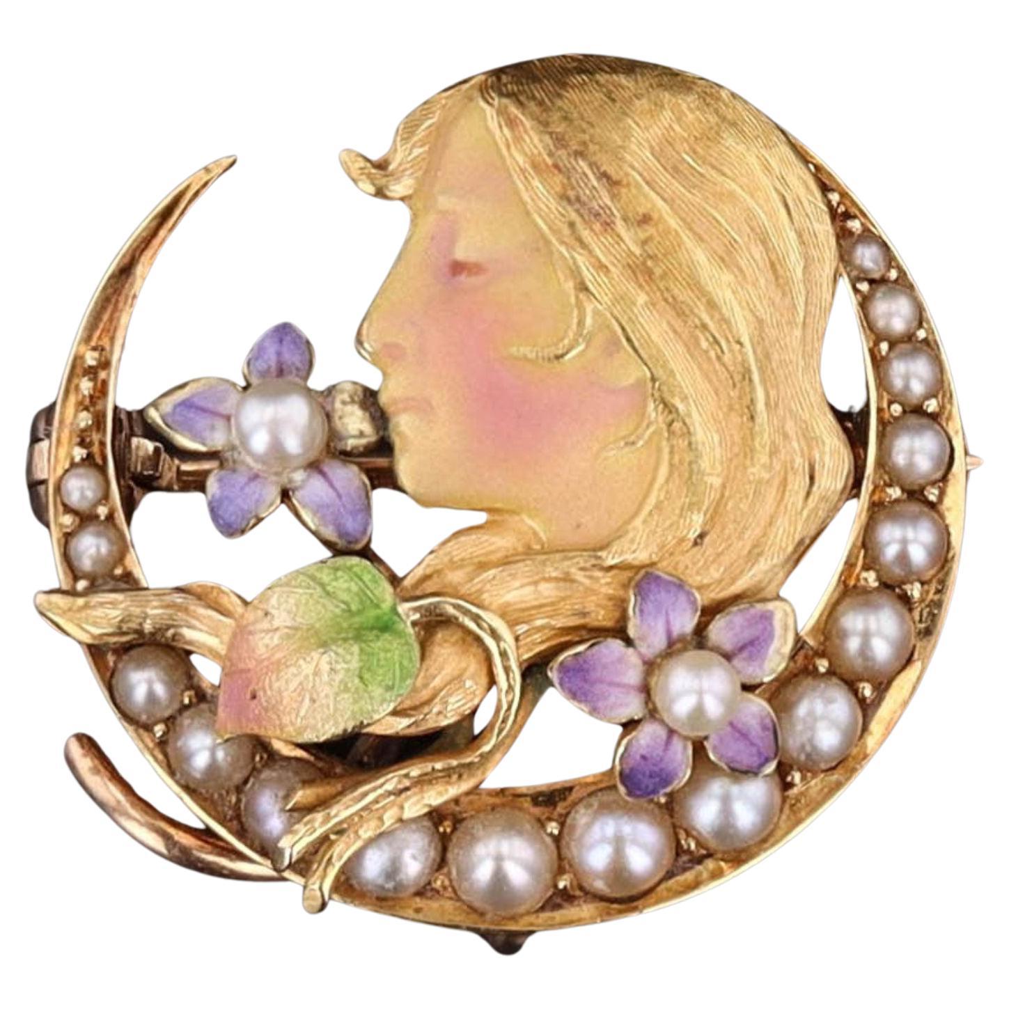 Antique Enamel and Pearl Woman Brooch by Krementz of 14k Gold
